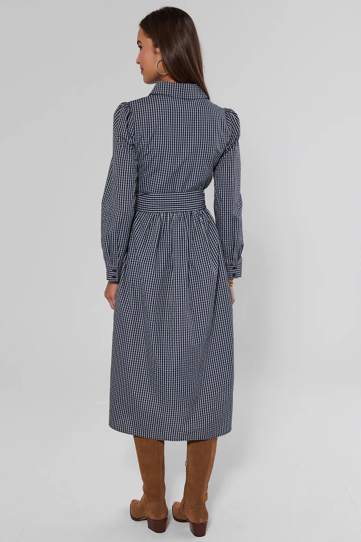 Navy Plaid Button-Up Maxi Dress - Back View with Tie Waist Detail | Avara