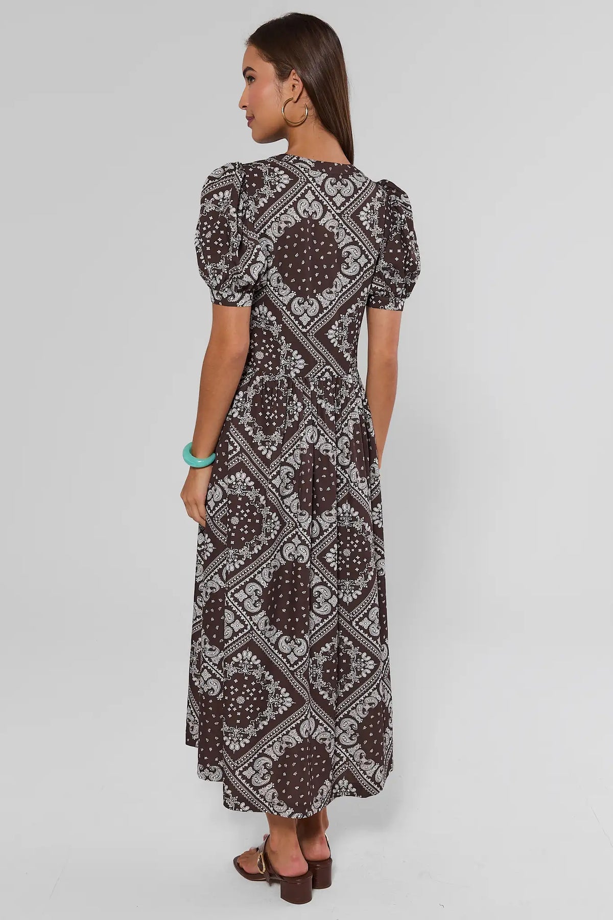 Brown Bandana Print Maxi Dress - Back View On Model | Avara
