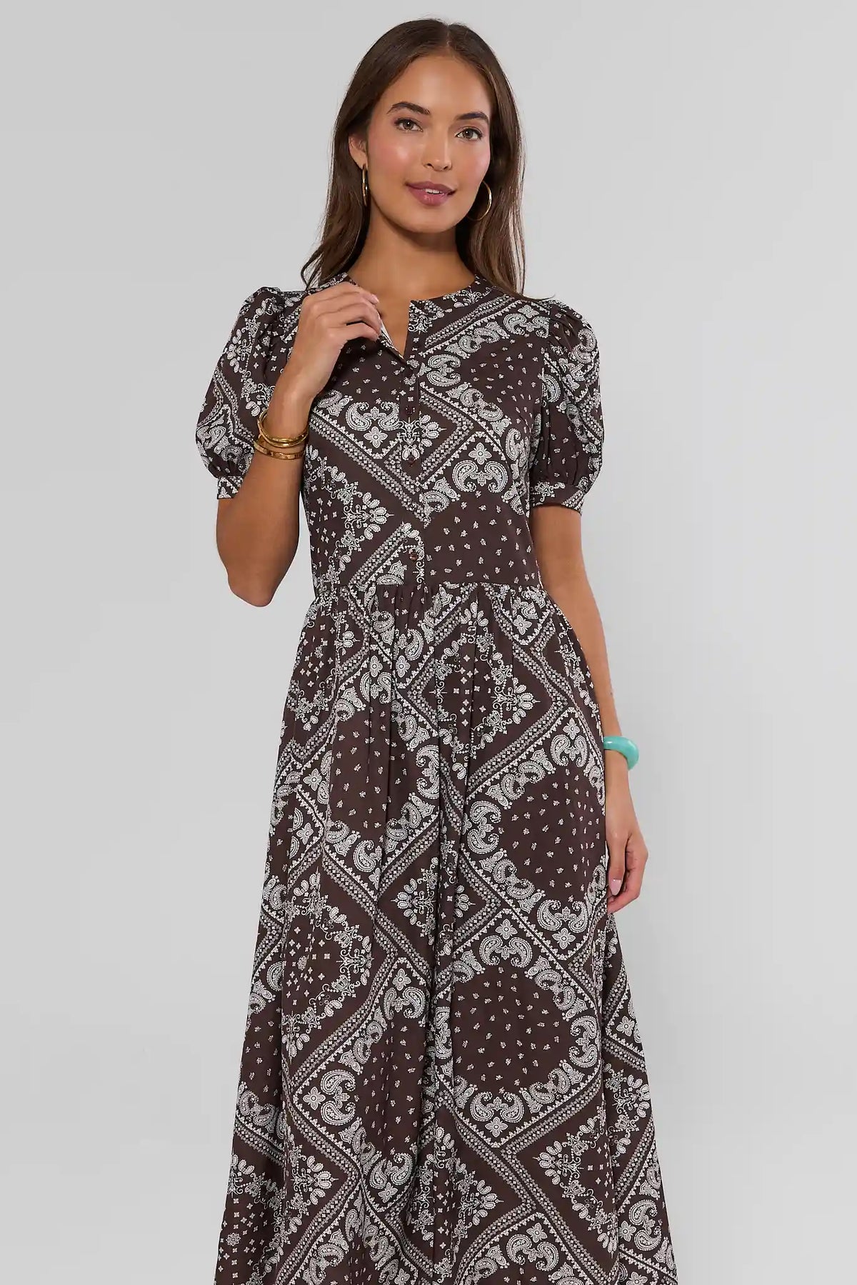 Brown Bandana Print Maxi Dress - Front View On Model | Avara