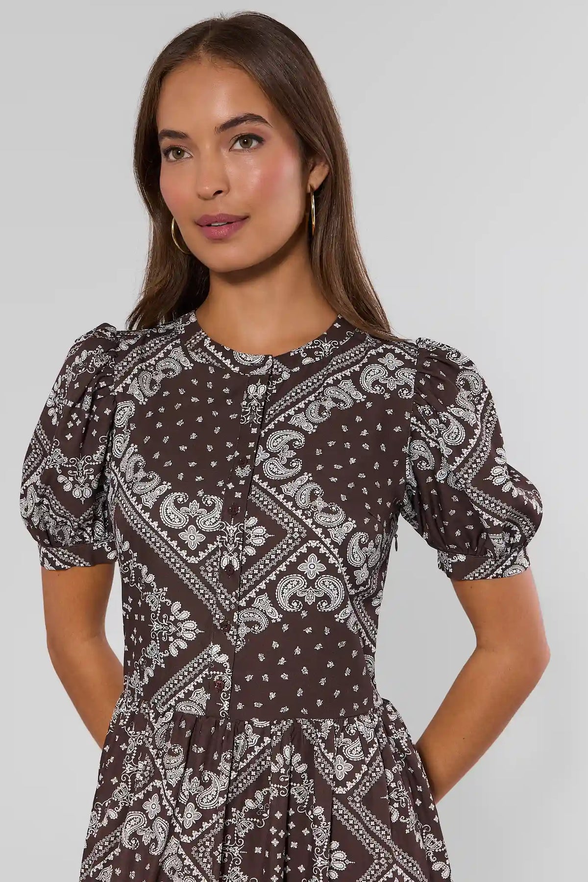 Brown Bandana Print Maxi Dress - Puff Sleeve & Neckline Detail | Avara