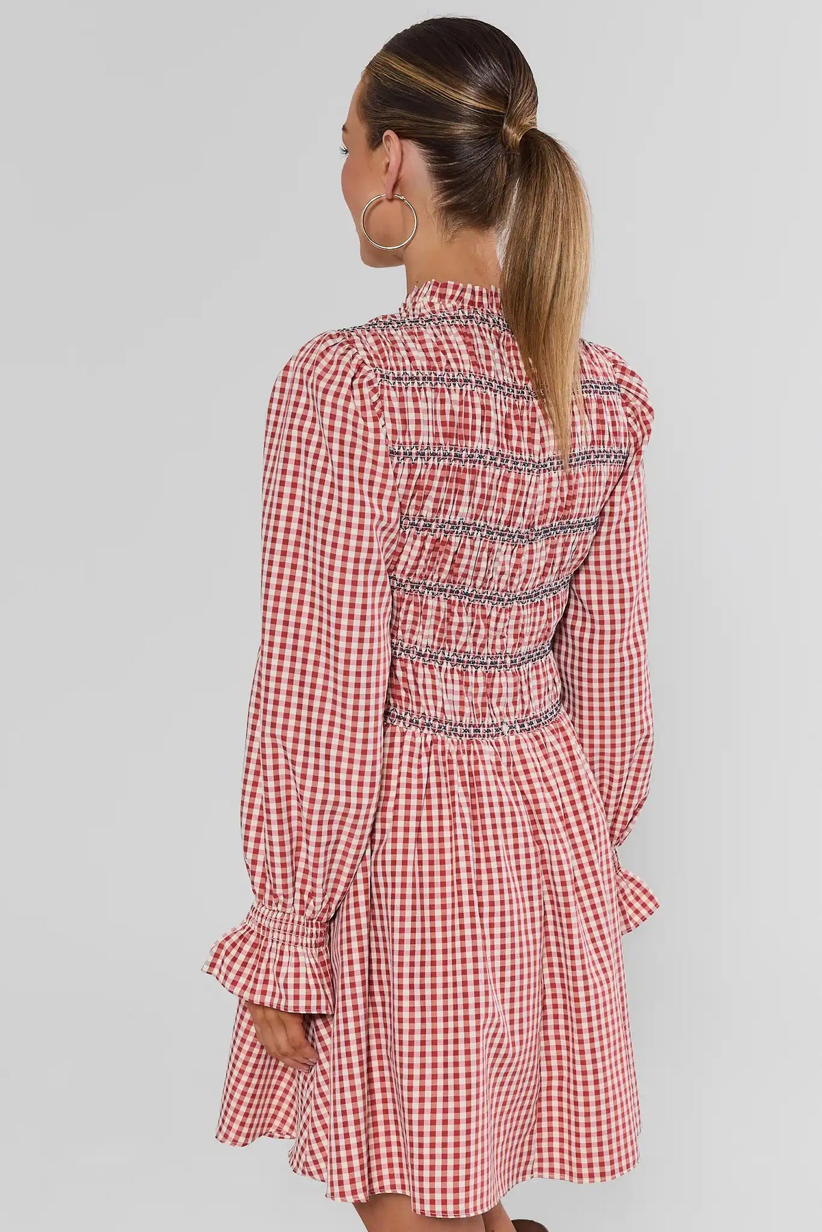 Red Gingham Smocked Short Dress - Back View Showing Smocking Detail | Avara