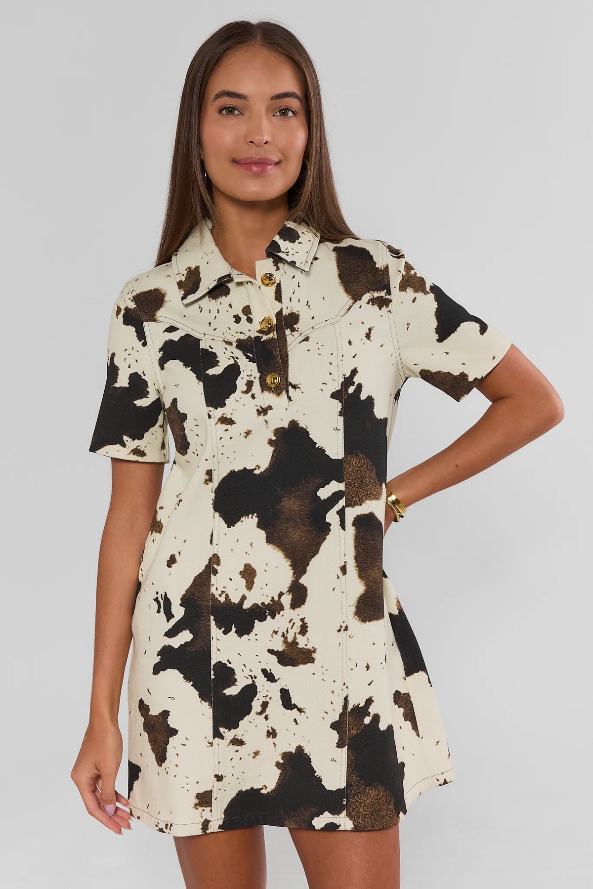 Ivory Cow Print Collared Short Dress - Front View On Model, Gold Buttons | Avara