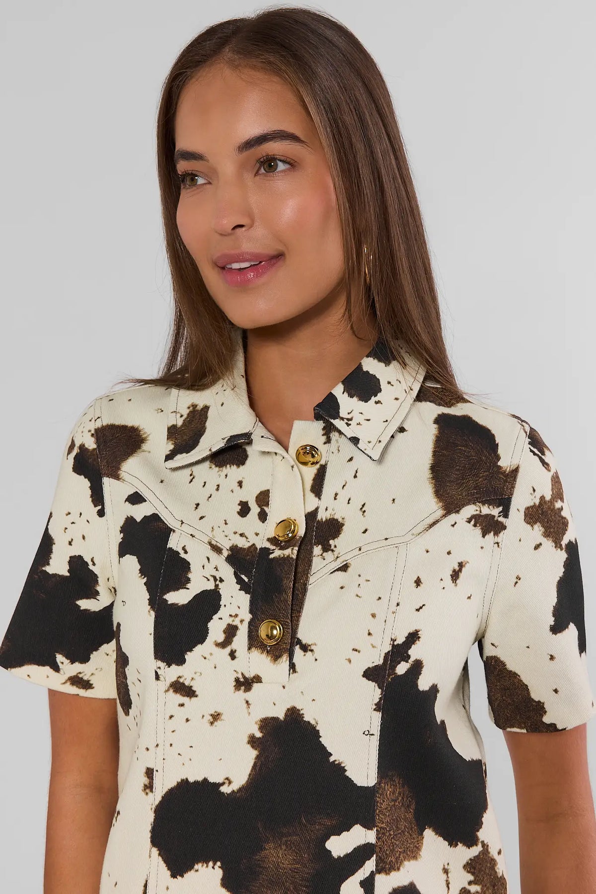 Ivory Cow Print Dress - Gold Button & Collared Neckline Close-Up Detail | Avara