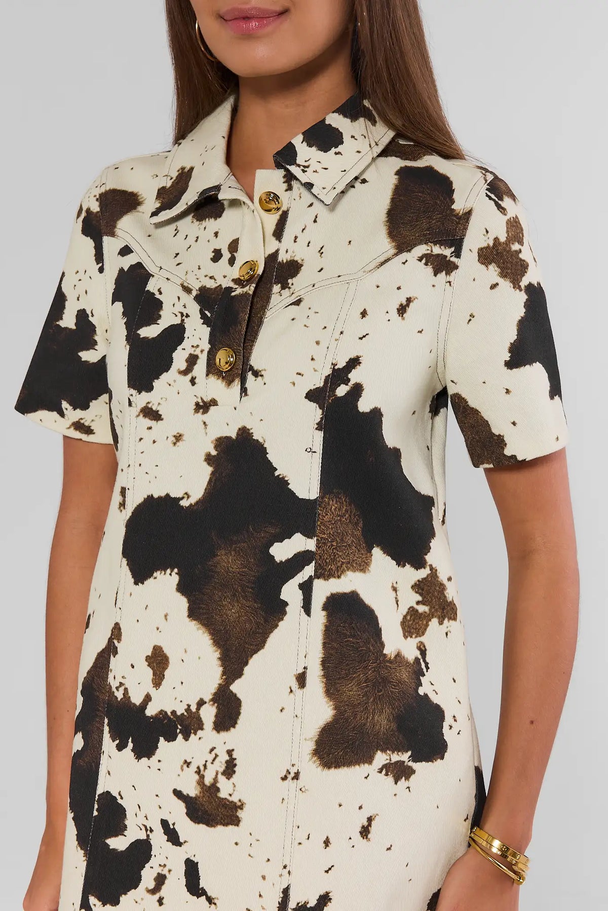 Ivory Cow Print Collared Short Dress - Front Bodice & Short Sleeve Detail, Side Angle | Avara