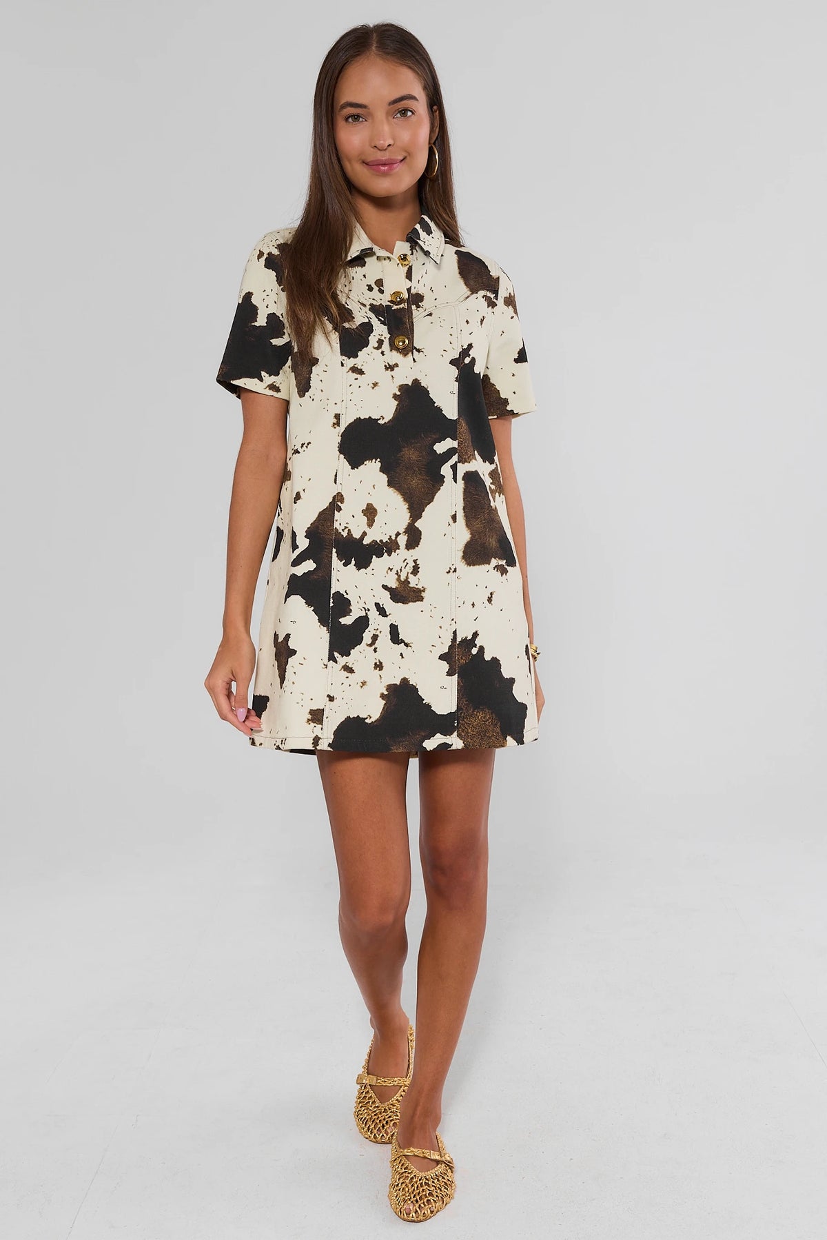 Ivory Cow Print Short Dress - Full Length Front View with Woven Gold Flats | Avara