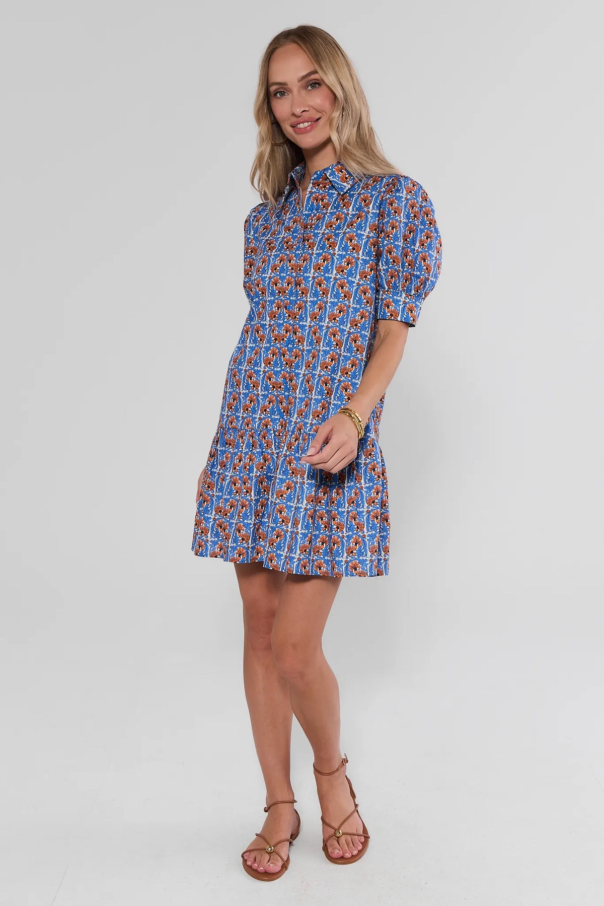 Blue Floral Print Drop Waist Short Dress with Sandals - Side View On Model | Avara