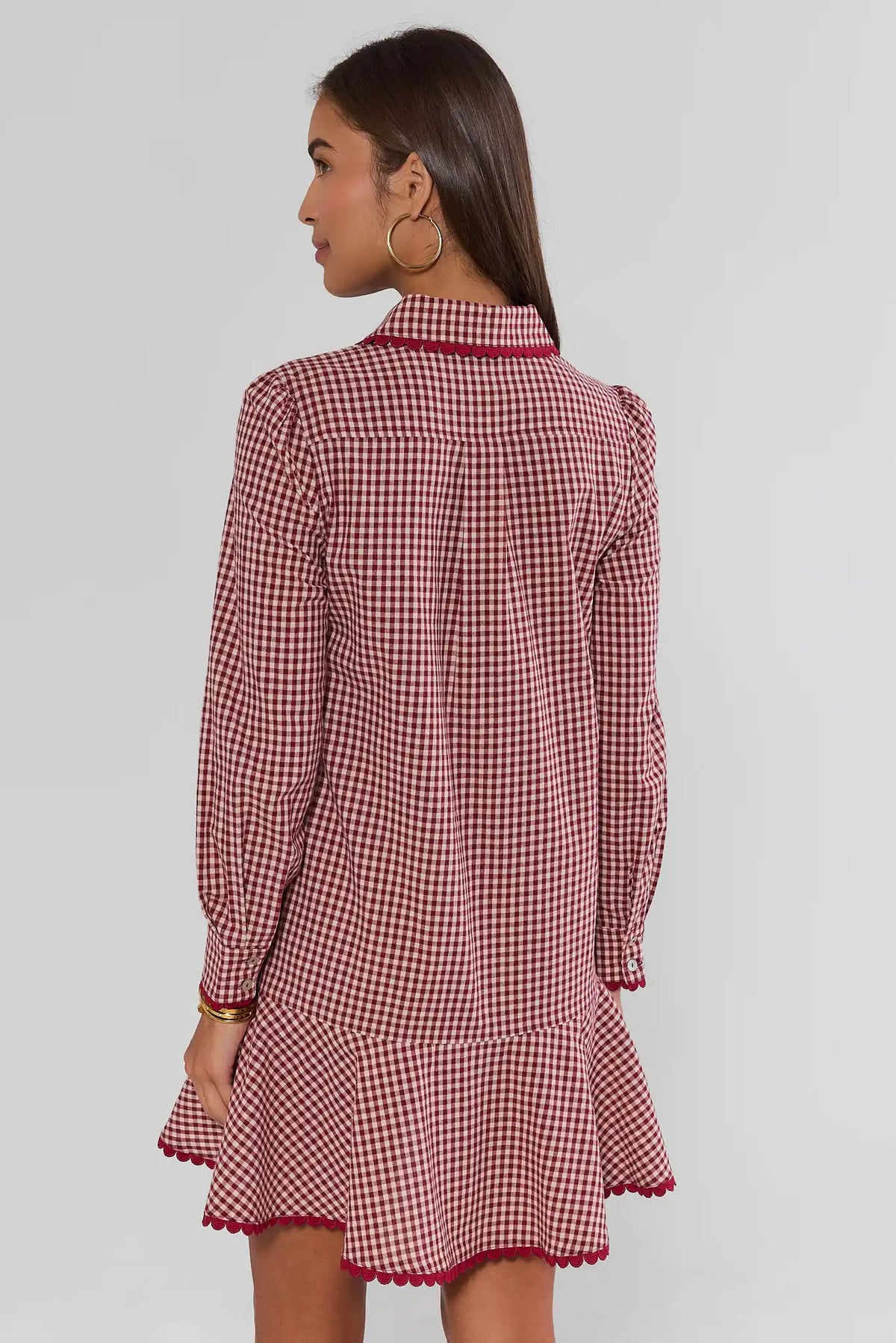 Red Gingham Drop Waist Dress Scallop Hem Trim - Back View On Model | Avara