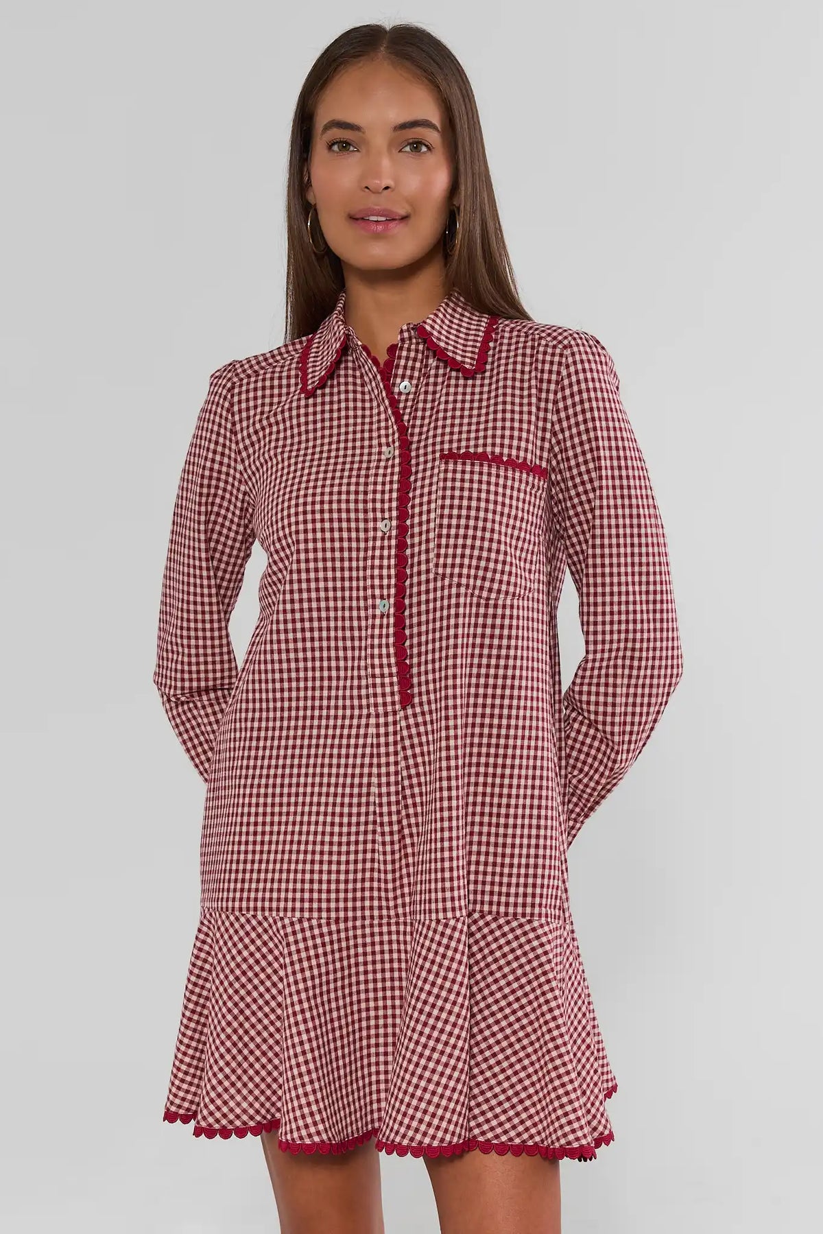 Red Gingham Drop Waist Dress with Scallop Trim - Front View On Model | Avara