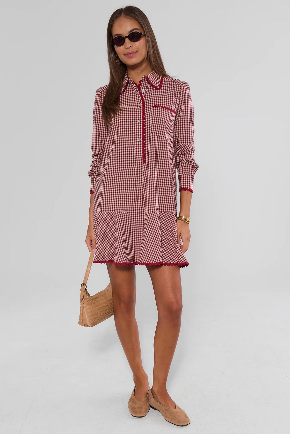 Red Gingham Drop Waist Dress Styled with Flats and Tan Bag - Full Length View | Avara