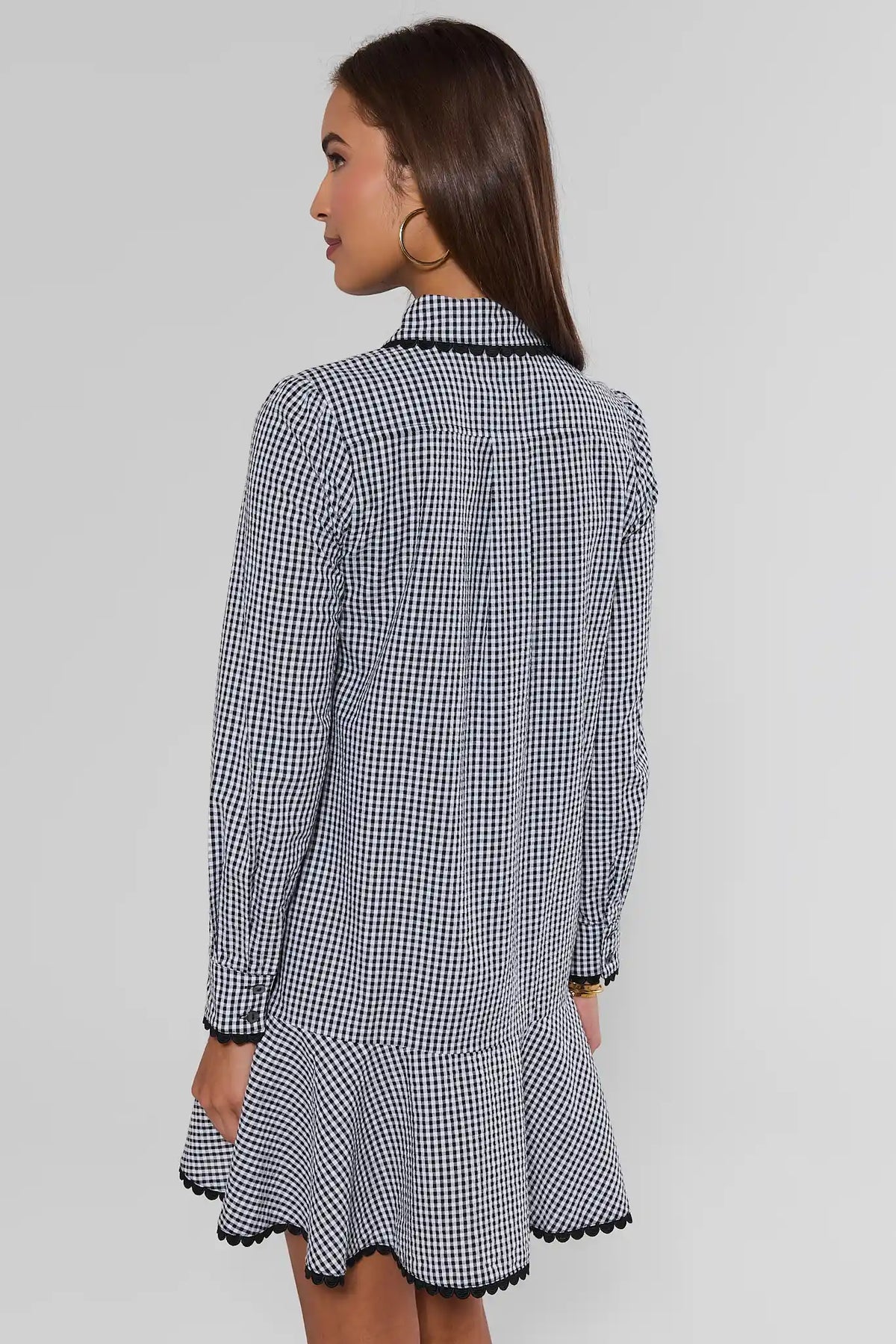 Black Gingham Drop Waist Dress - Back View with Scallop Hem Detail | Avara