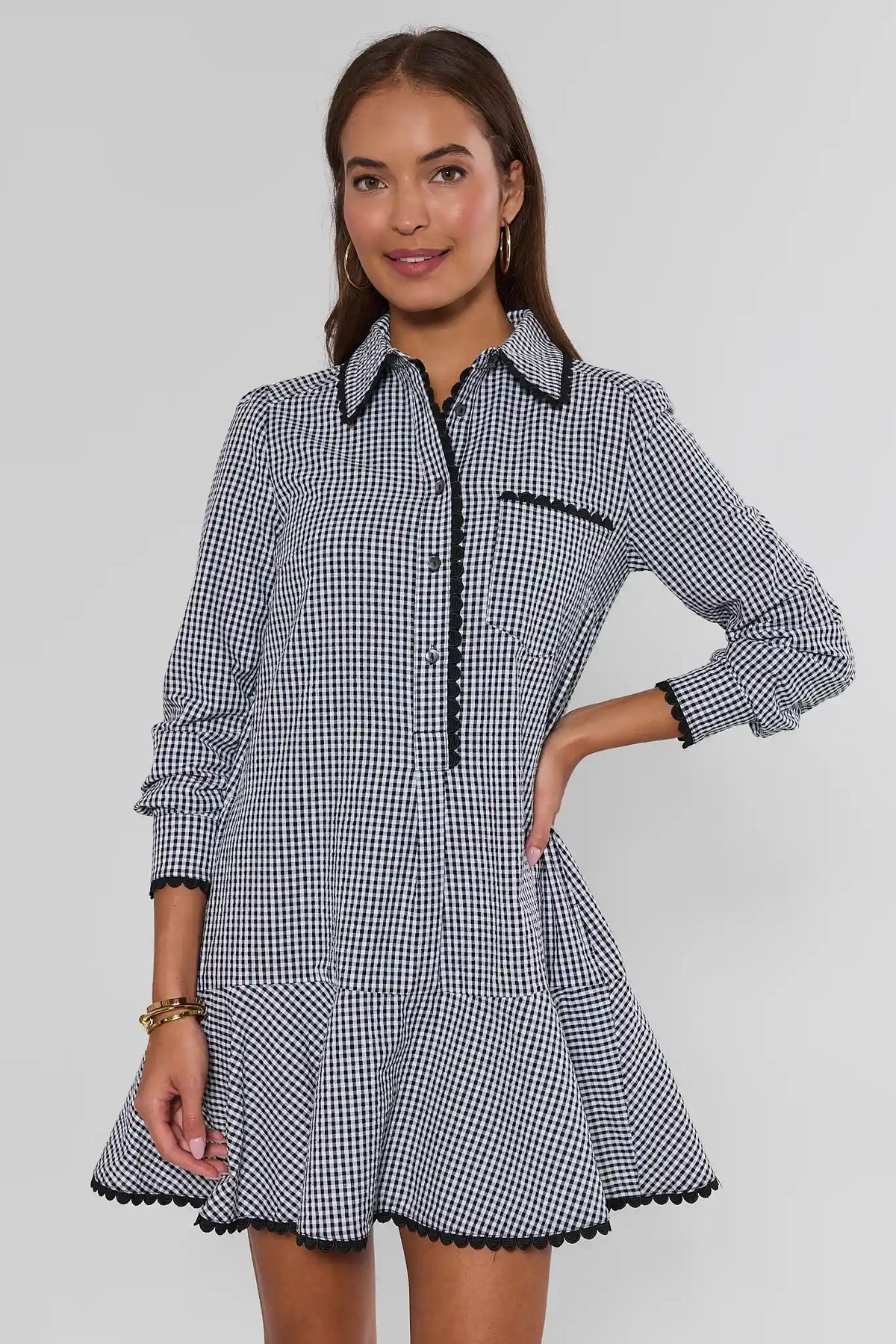 Black Gingham Drop Waist Dress - Front View On Model | Avara