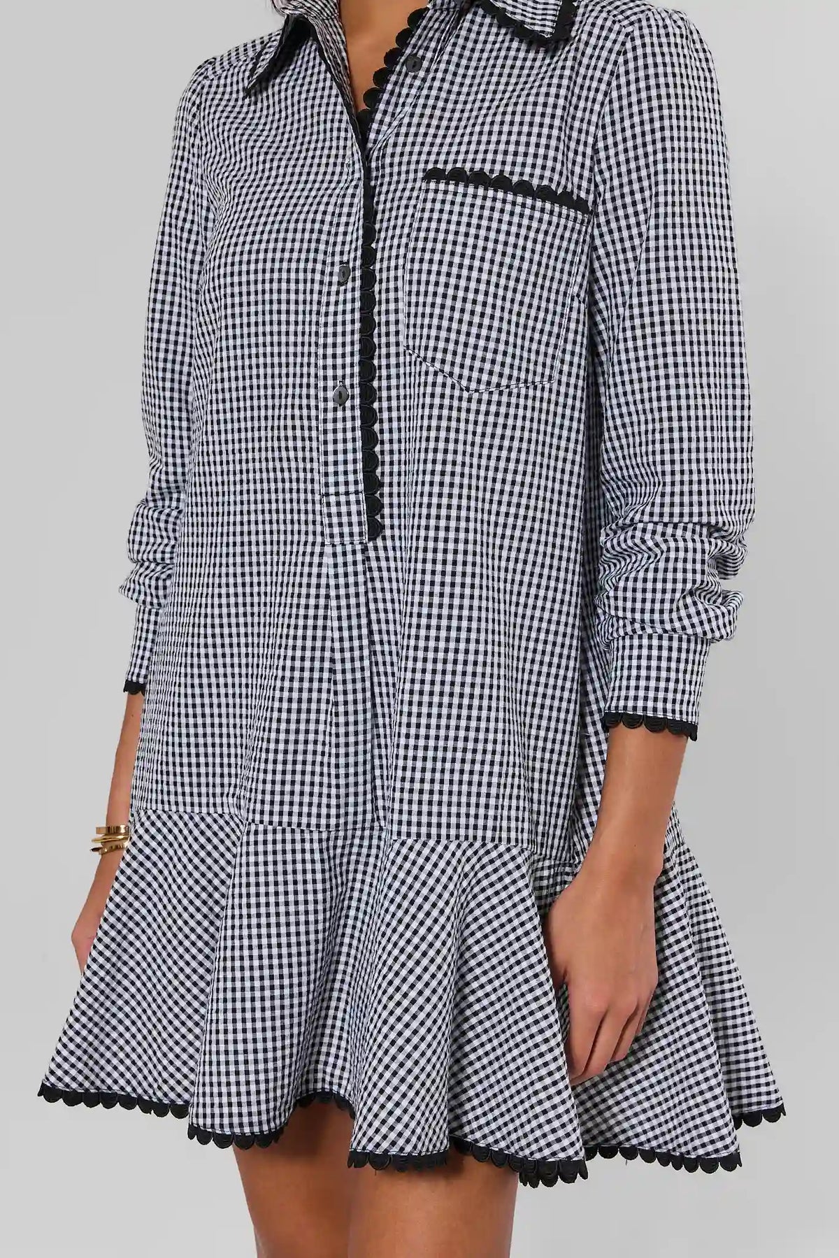 Black Gingham Drop Waist Dress - Bodice & Flounce Hem Detail Close-Up | Avara