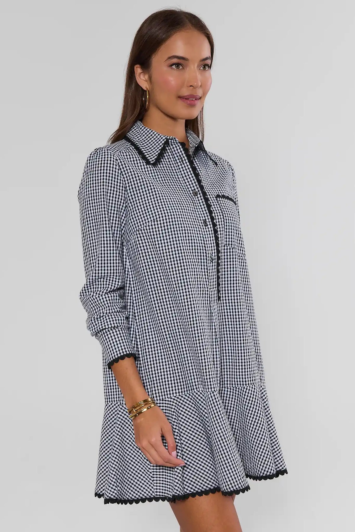 Black Gingham Drop Waist Dress - Side Profile View with Flounce Hem | Avara