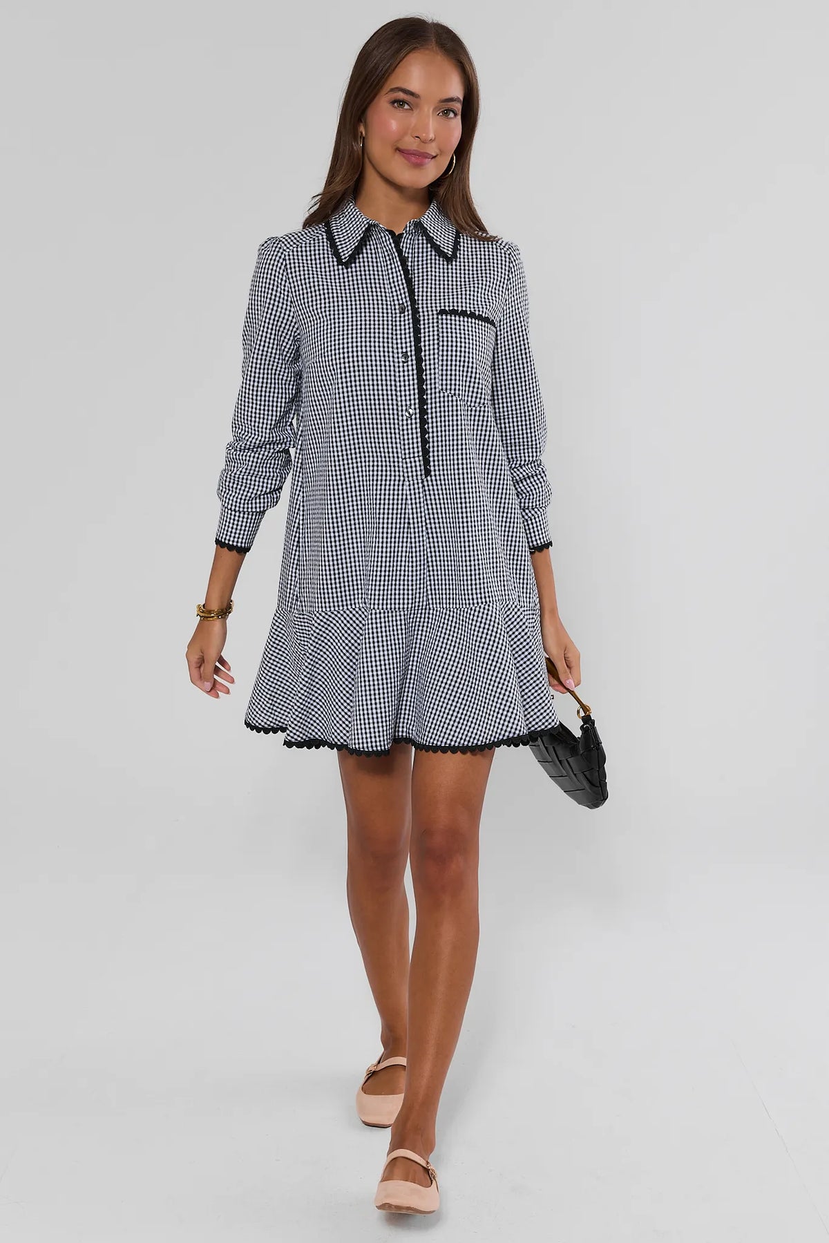 Black Gingham Drop Waist Dress - Full Length Front Styled with Bag and Flats | Avara