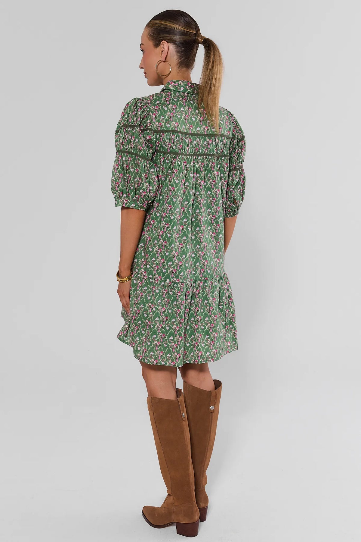 Green Floral Drop Waist Short Dress - Back View with Tiered Hem Detail | Avara