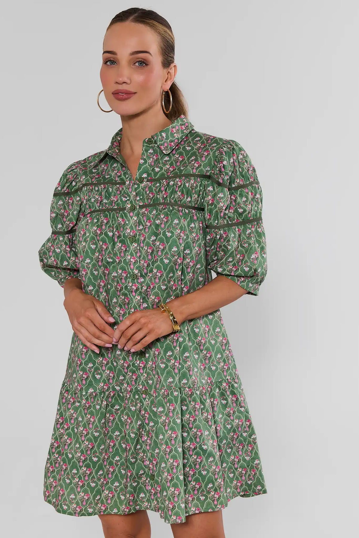 Green Floral Drop Waist Short Dress - Front View On Model | Avara