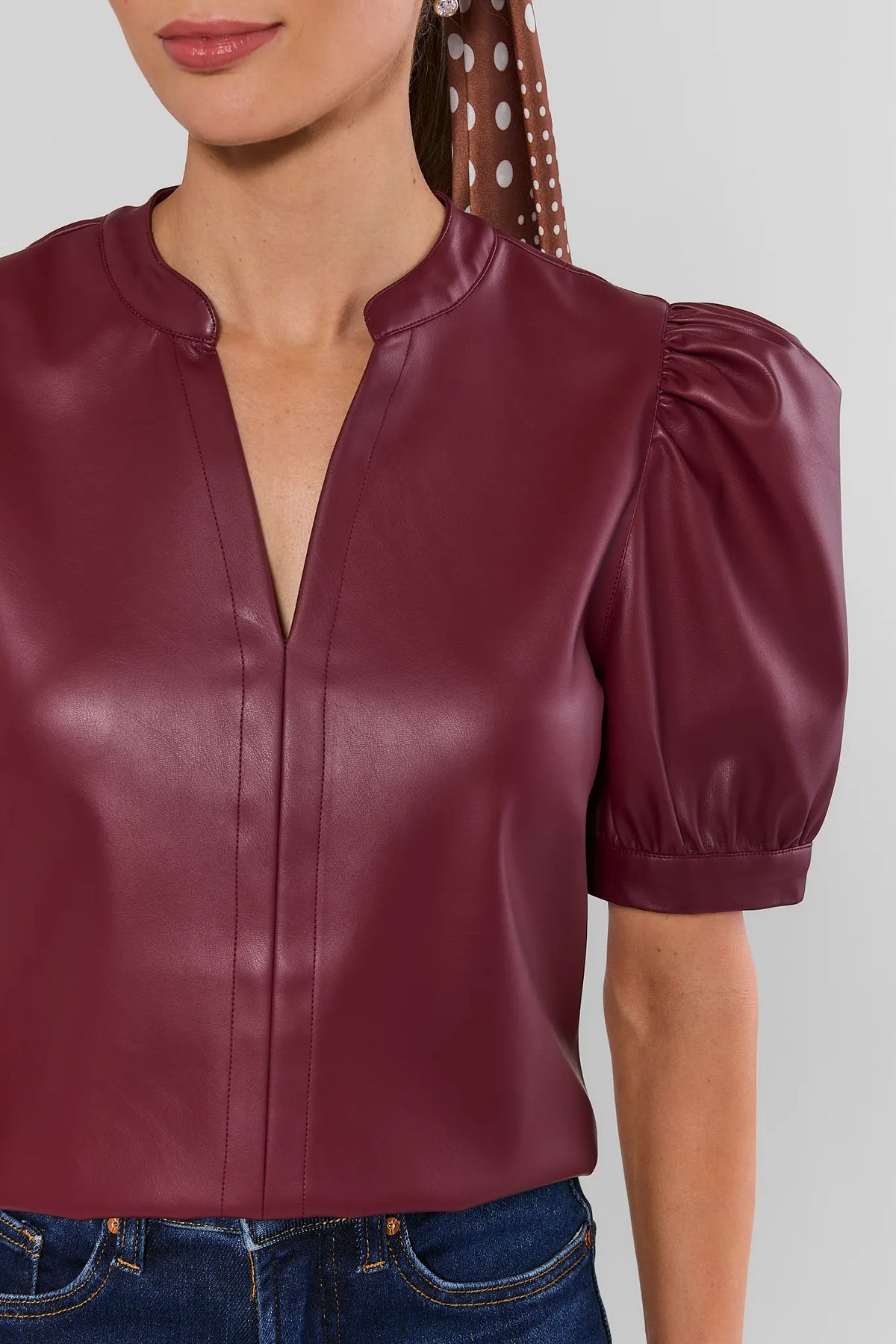 Burgundy Faux Leather Top - Close-Up of Split Neckline and Puff Sleeve, Women's Cute Top | Avara