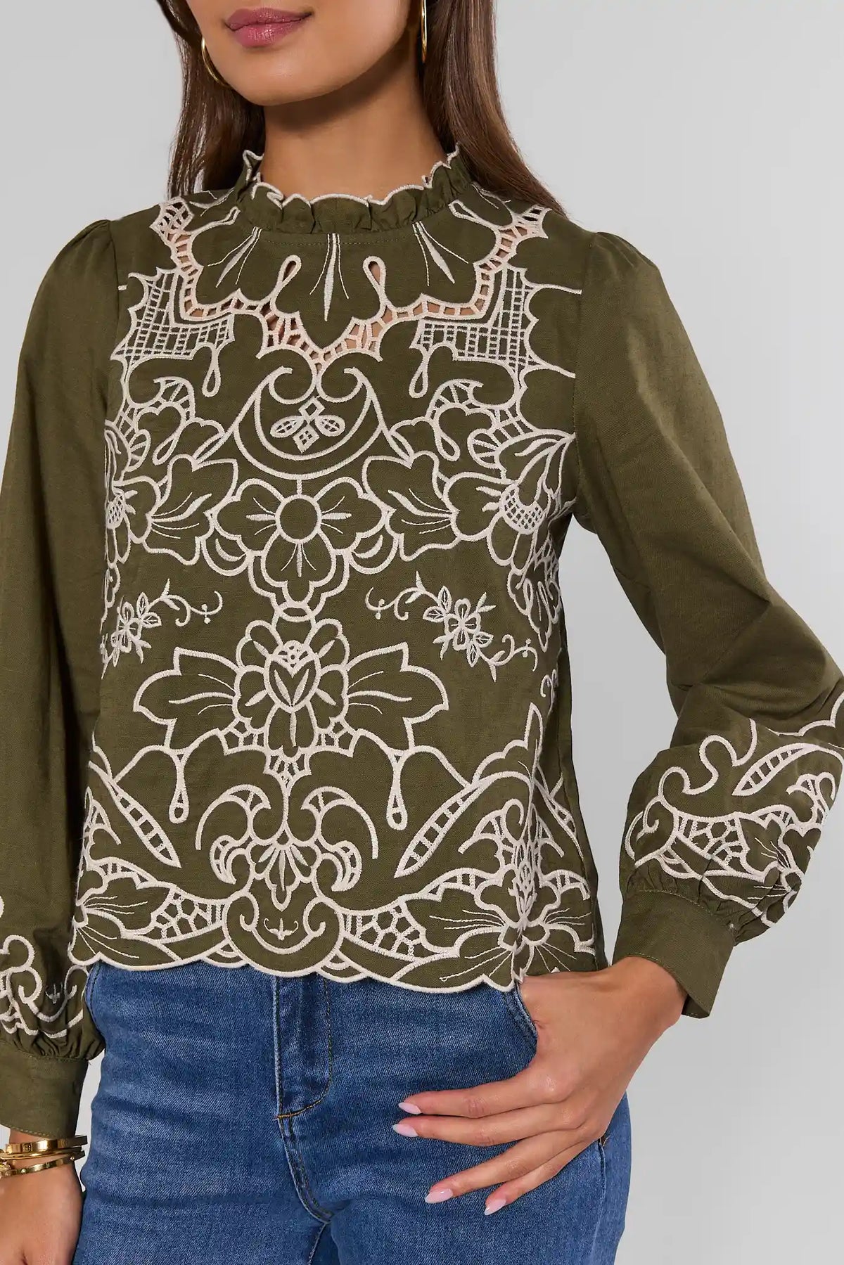 Anya Green Eyelet Top - Front Detail Ruffle Neckline & Floral Embroidery | Avara
