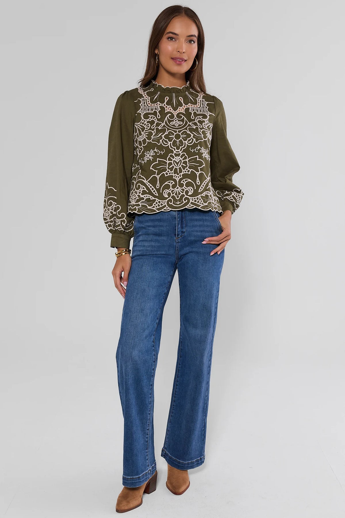 Anya Green Eyelet Long Sleeve Top - Full Length Front View Styled with Jeans | Avara