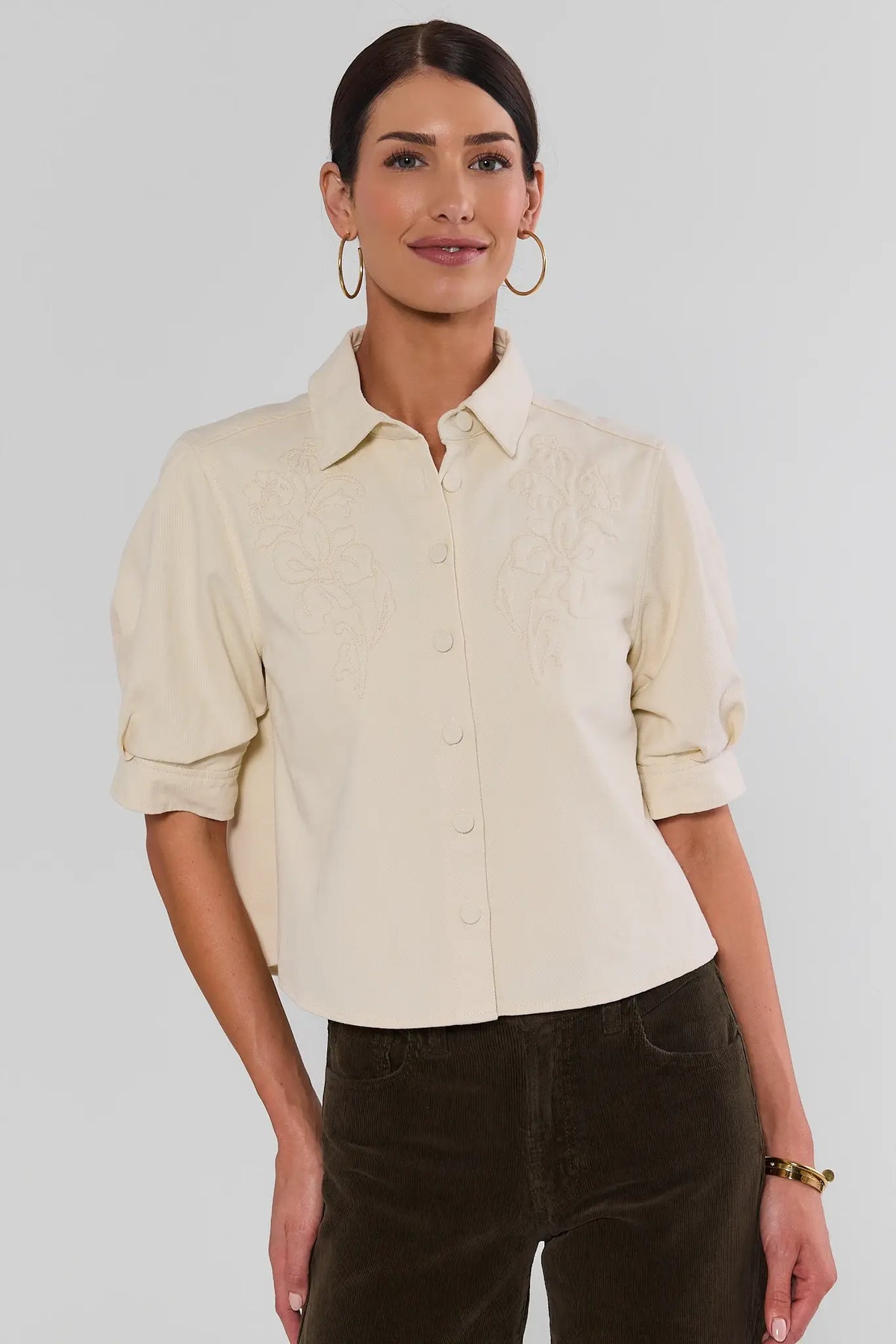 Ivory Textured Detail Button Up Top - Front View On Model | Avara
