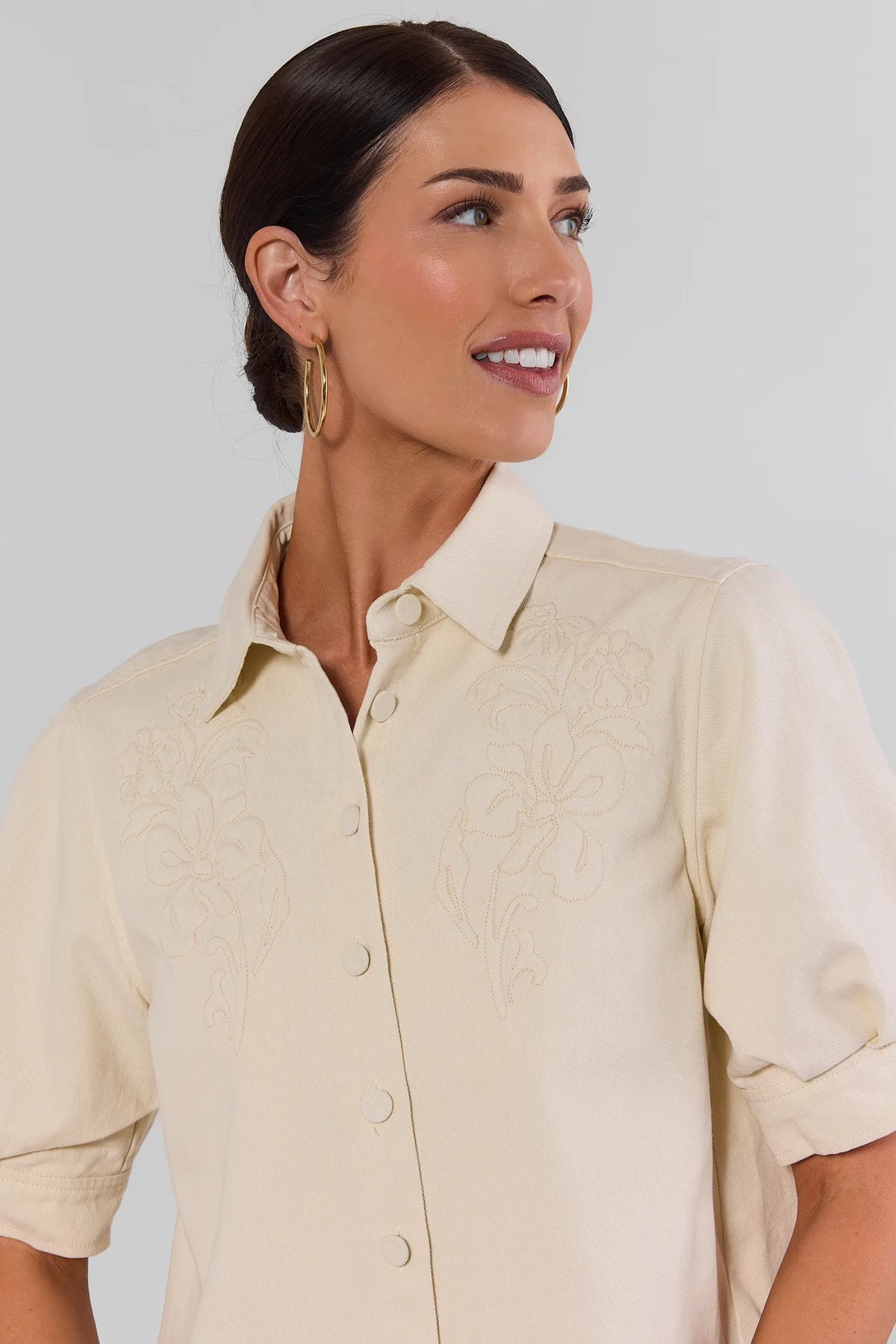 Ivory Textured Detail Button Up Top - Close-Up Floral Embroidery Front | Avara