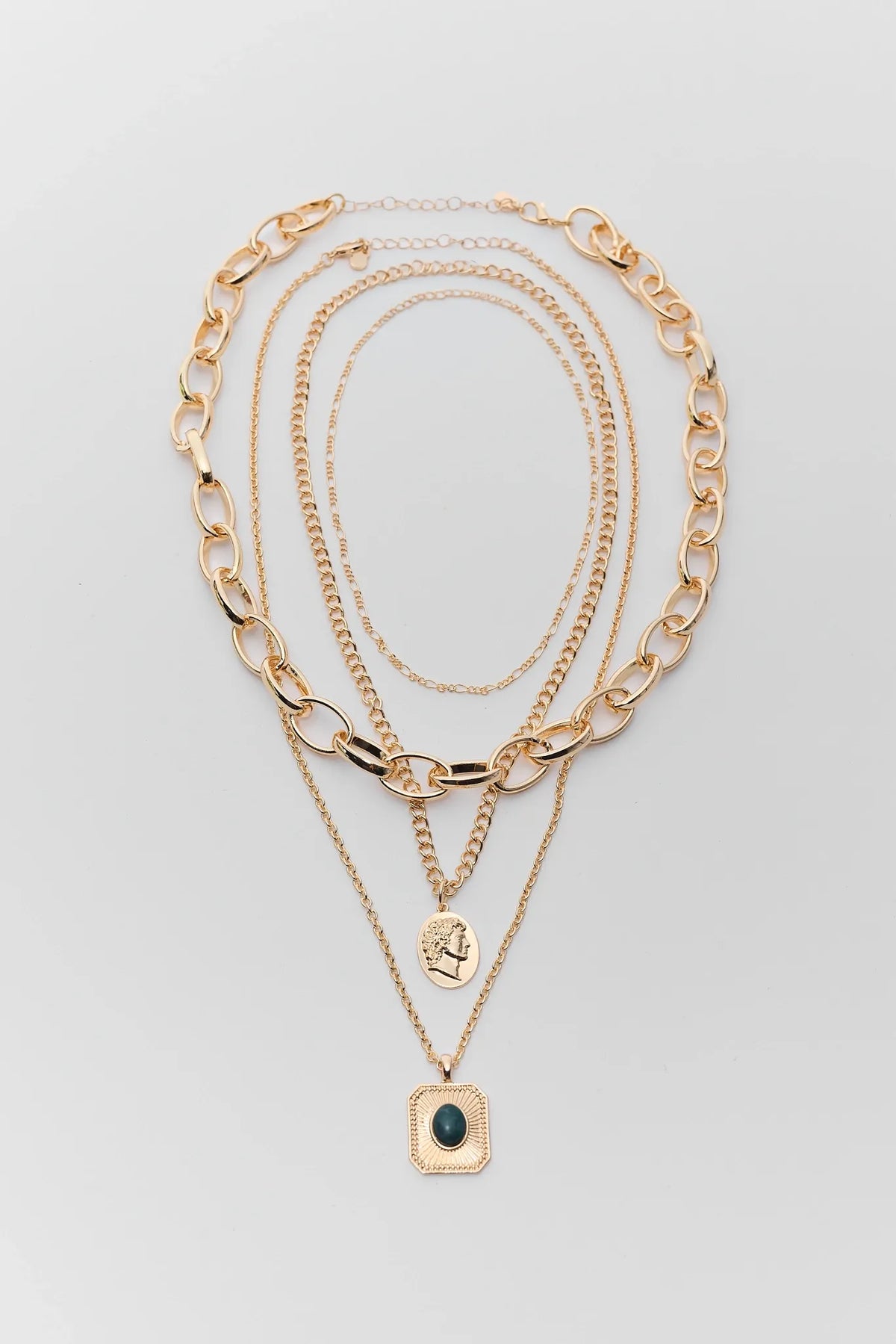 Gold Chain Necklace Stack Set of Four - Flat Lay with Coin and Stone Pendants | Avara
