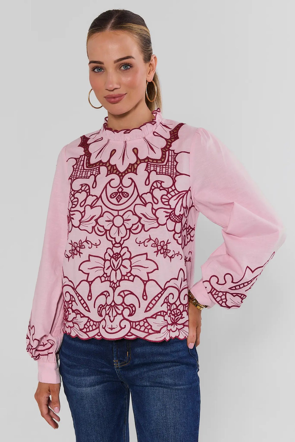 Pink Eyelet Long Sleeve Top with Burgundy Embroidery - Front View On Model | Avara