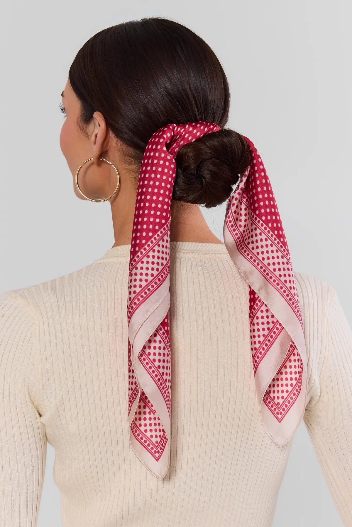 Red Polka Dot Scarf Tied as Hair Accessory on Model - Styled Look | Avara