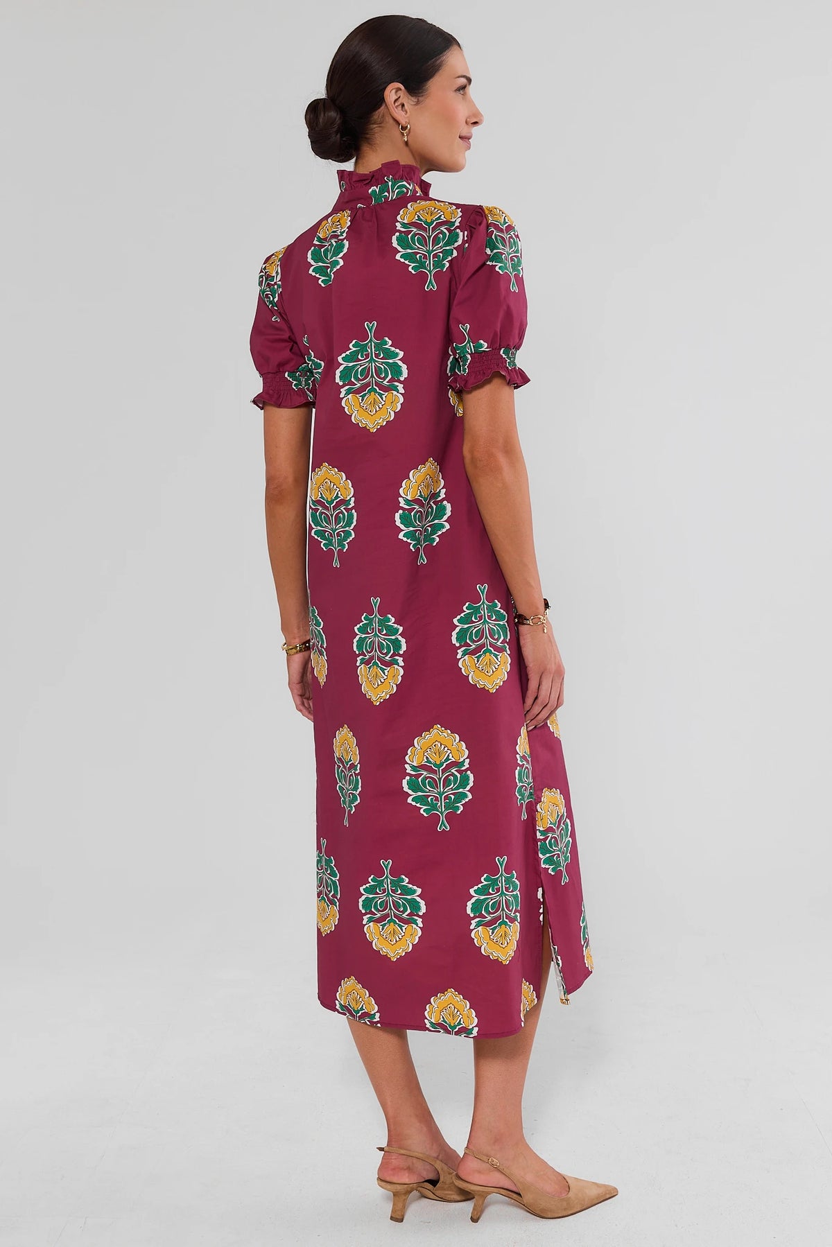 Berry Floral Print Midi Dress - Back View with Side Slit On Model | Avara
