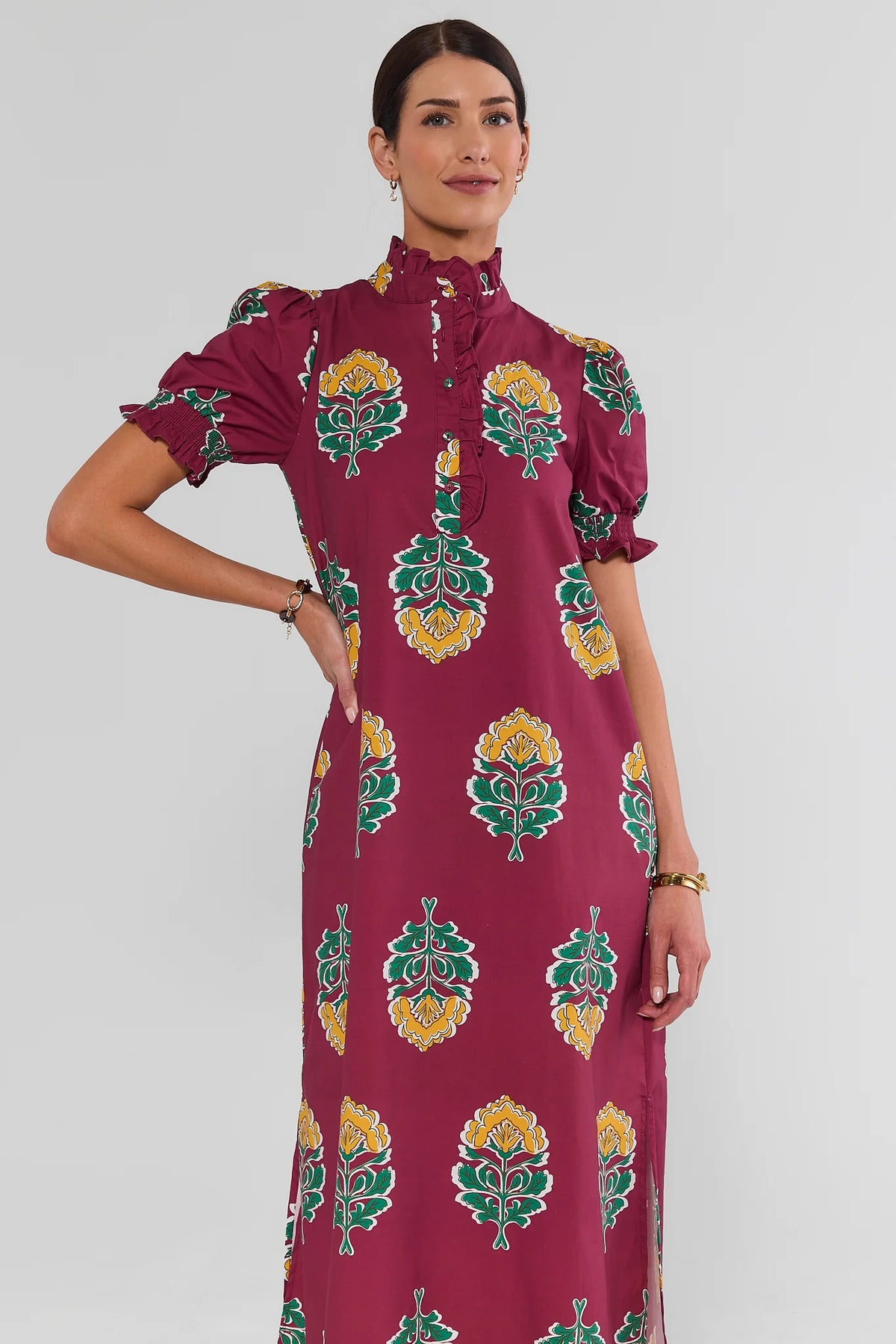 Berry Floral Print Midi Dress - On Model Front Crop View | Avara