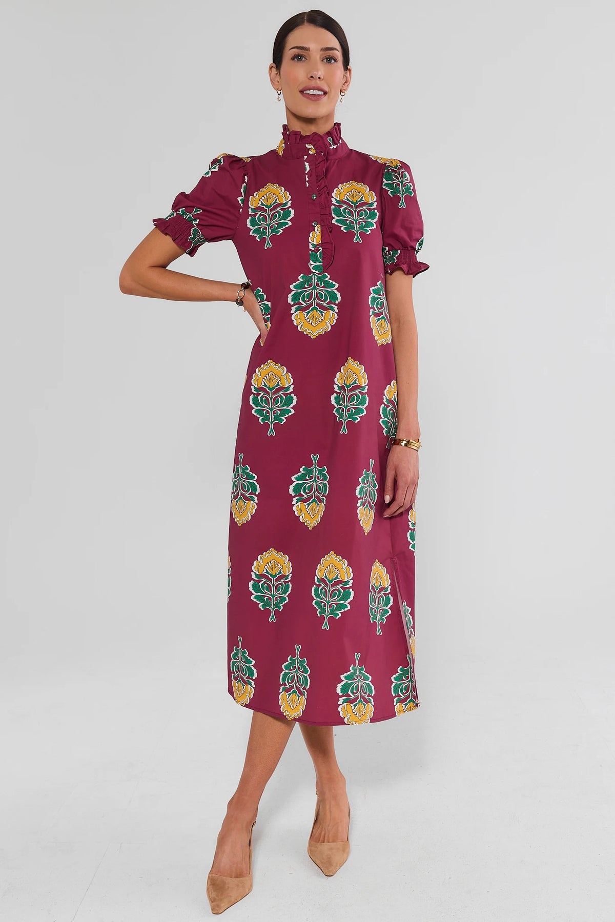 Berry Floral Print Midi Dress - Full Front View On Model | Avara