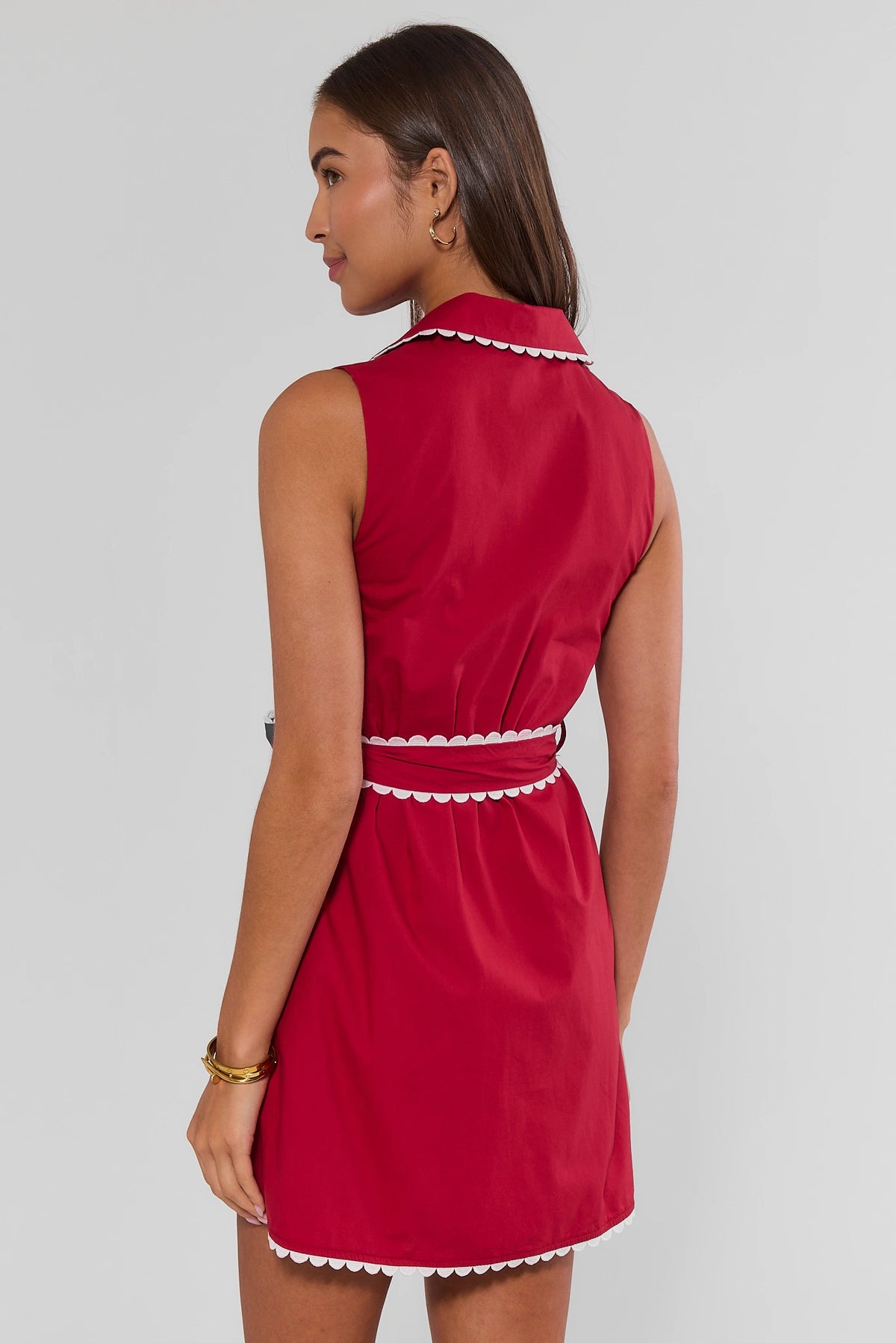 Red Scalloped Trim Short Dress - Back View Showing White Hem Detail | Avara