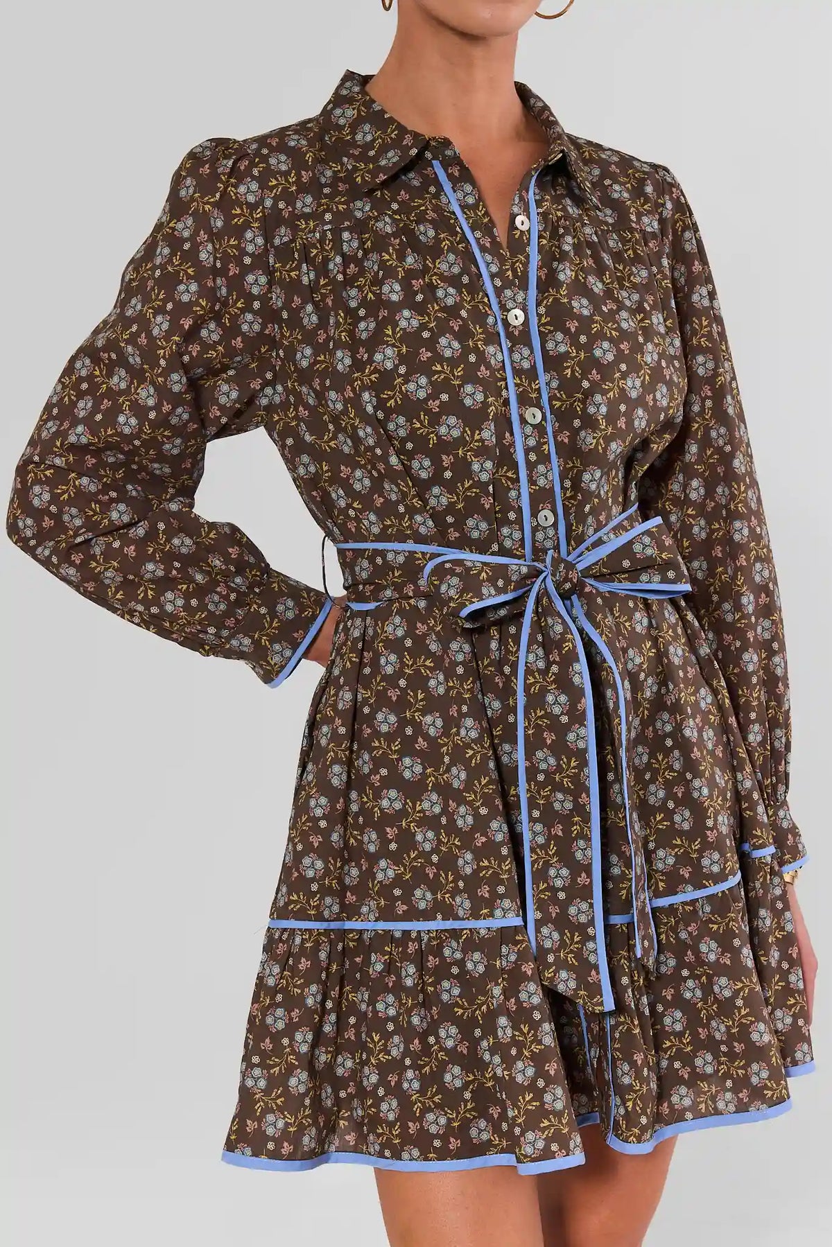 Brown Floral Short Dress with Blue Contrast Trim & Tie Belt - Detail View | Avara