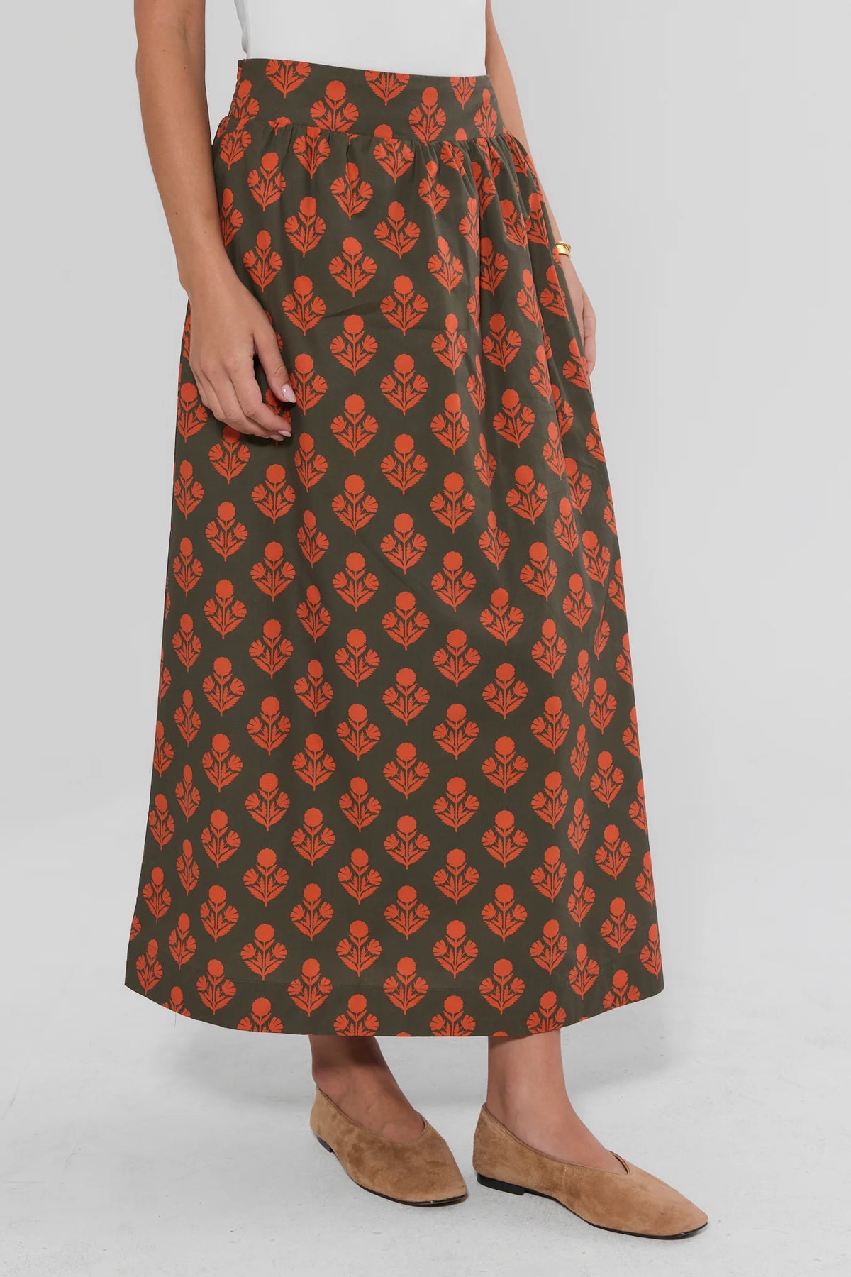 Olive Green Floral Printed Midi Skirt - Side View On Model | Avara