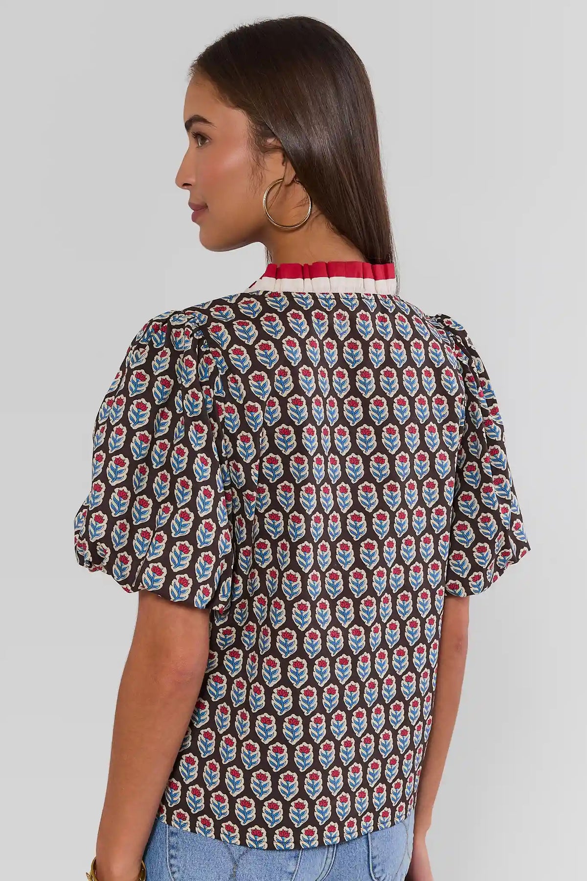 Brown Floral Block Print Puff Sleeve Top - Back View On Model | Avara