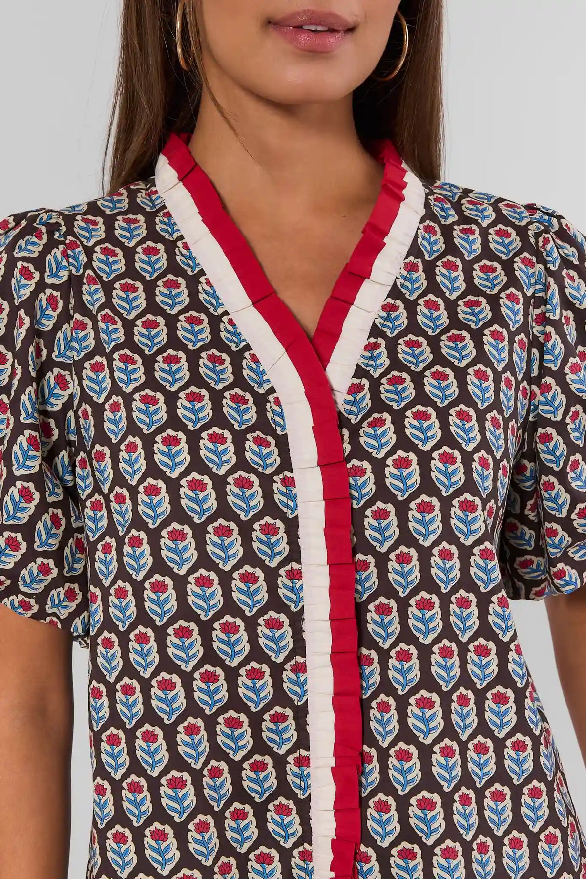 Brown Printed Top Red Contrast V-Neckline Close-Up Detail | Avara