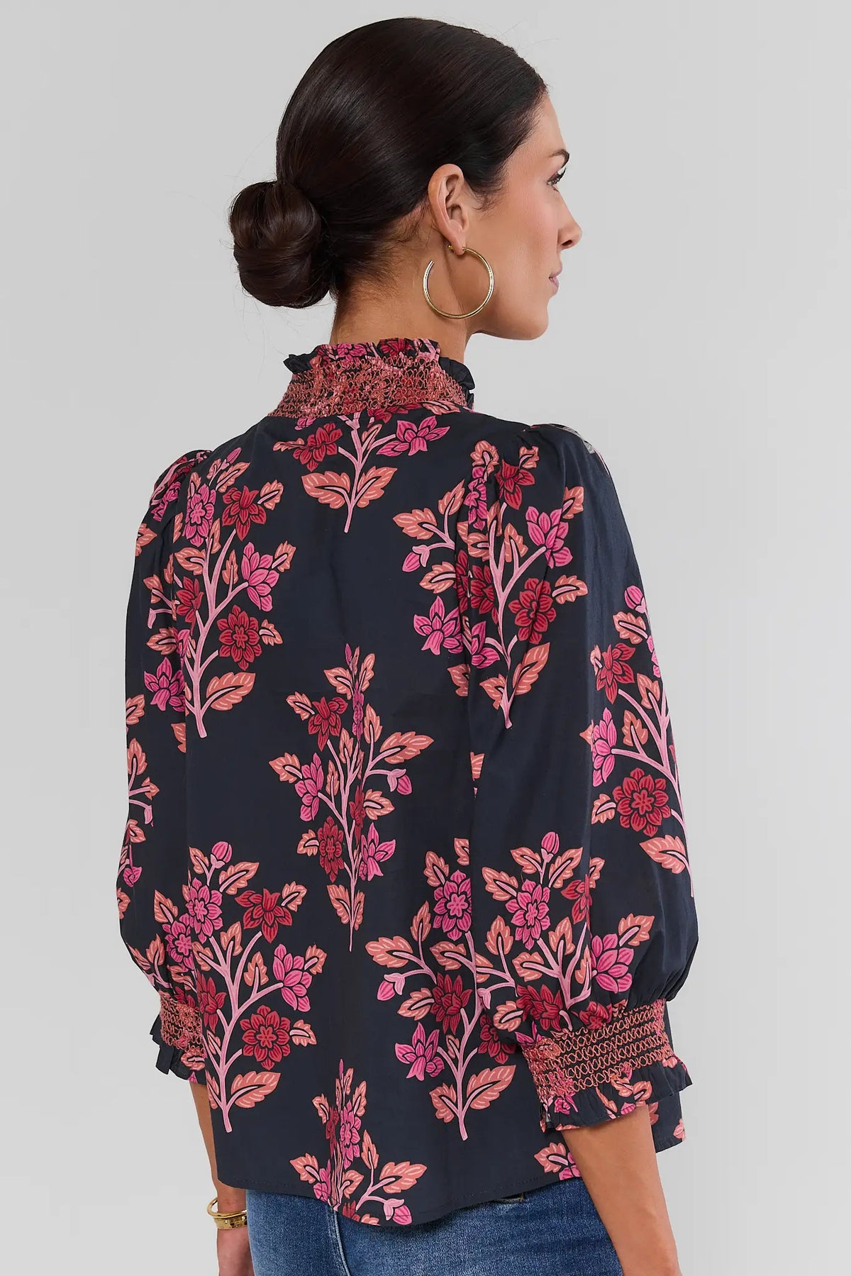Navy Floral Printed Top - On Model Back View, Smocked Collar & 3/4 Sleeves | Avara