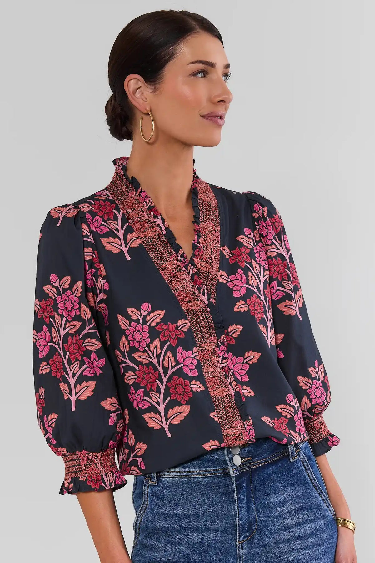 Navy Floral Printed Top - On Model Front View, V-Neck with Ruffle Trim | Avara