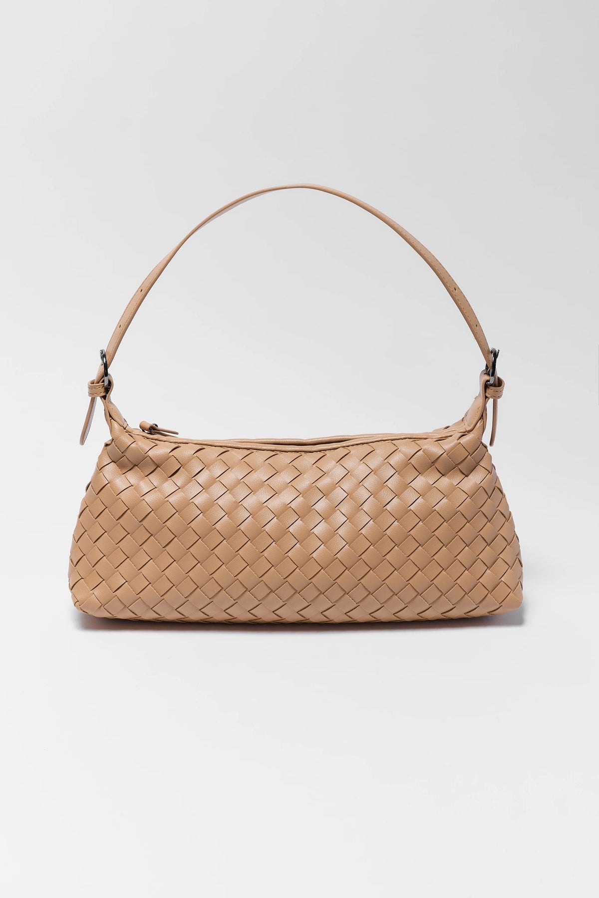 Tan Woven Faux Leather Baguette Shoulder Bag - Front View | Avara