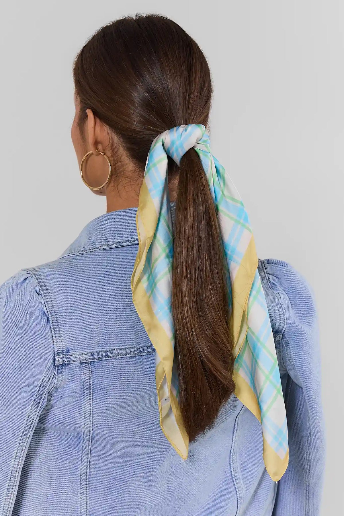 Blue Plaid Scarf Styled as Hair Accessory in Ponytail - On Model Back View | Avara