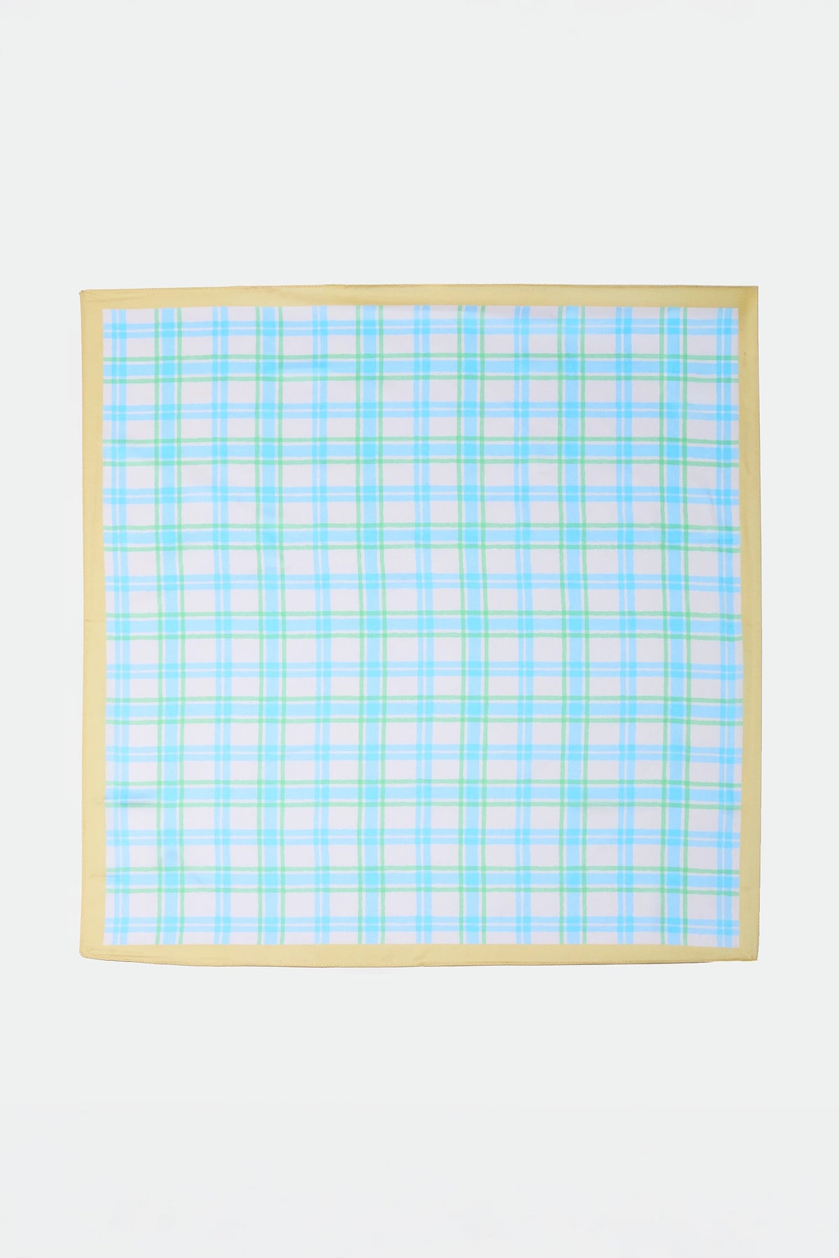 Light Blue Plaid Square Scarf with Yellow Border - Flat Lay | Avara