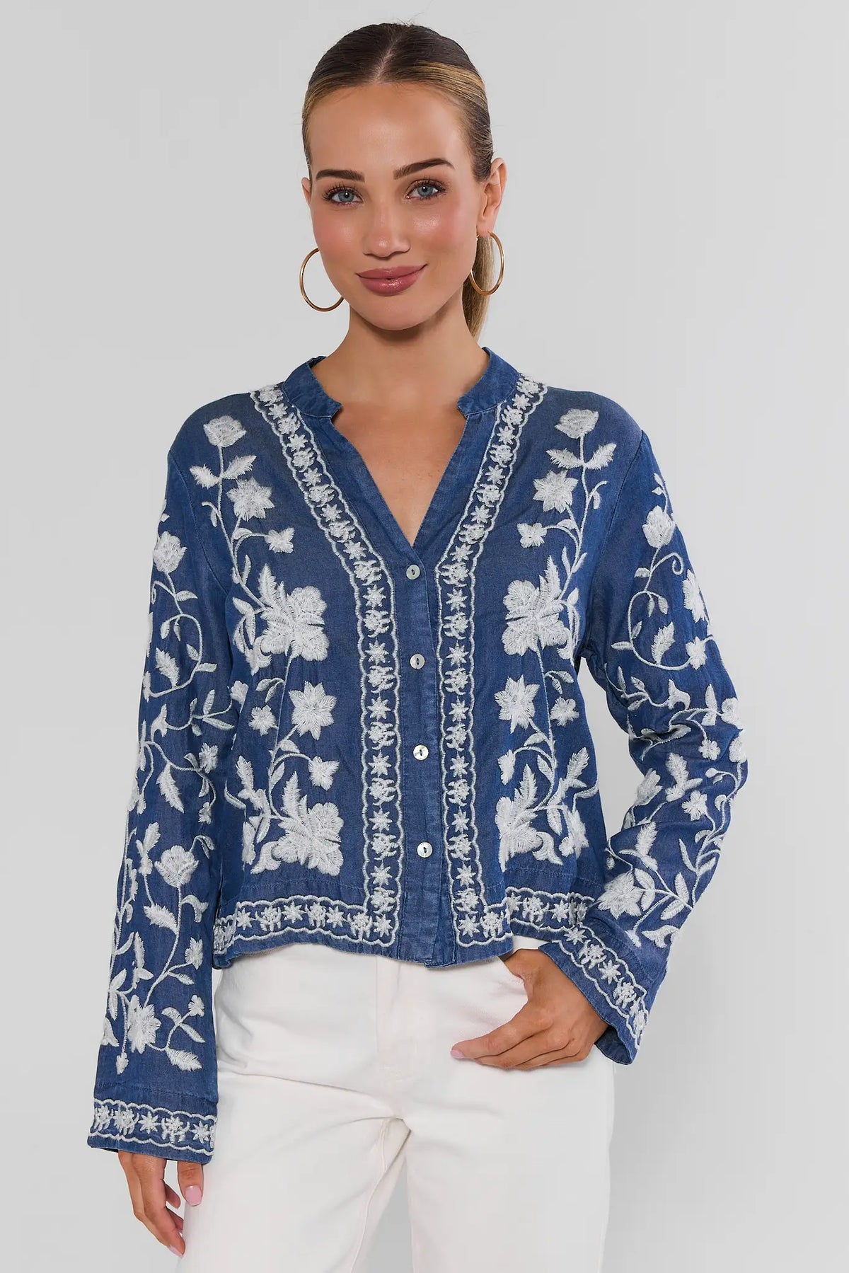 Blue Chambray Floral Embroidered Button-Up Top - Front View On Model | Avara