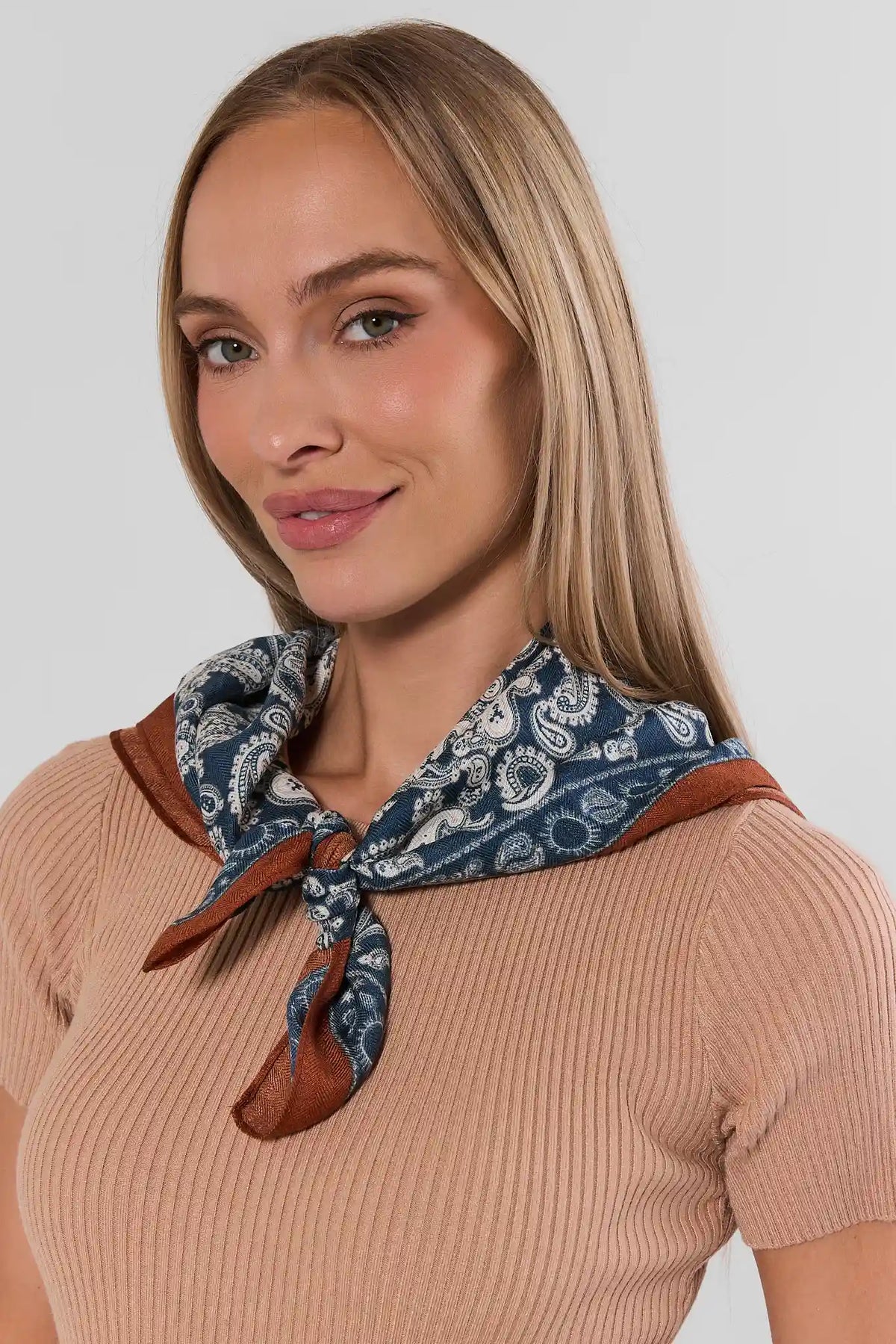 Womens Dusty Blue Bandana Printed Scarf tied at neck on model - Front View | Avara