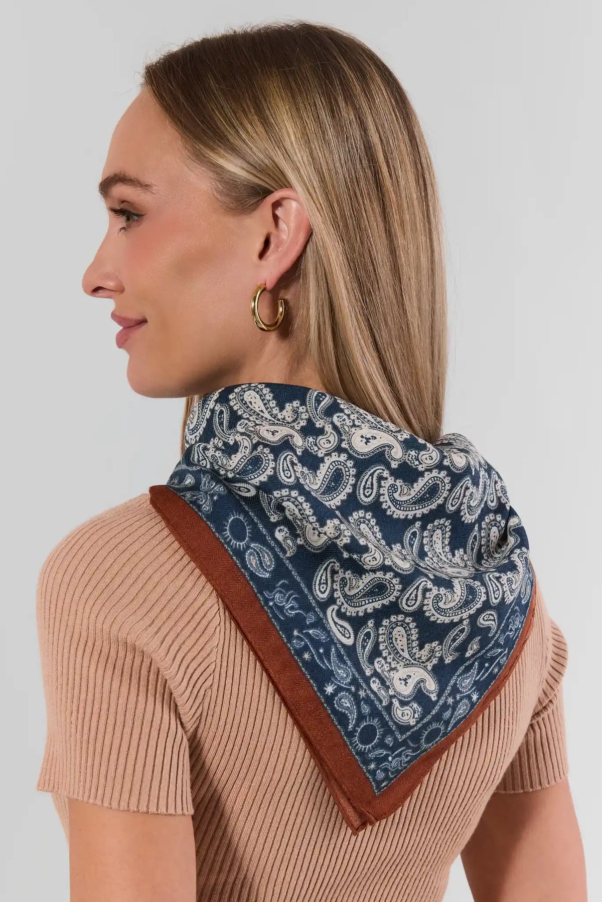 Dusty Blue Bandana Printed Scarf worn on model - Back View | Avara