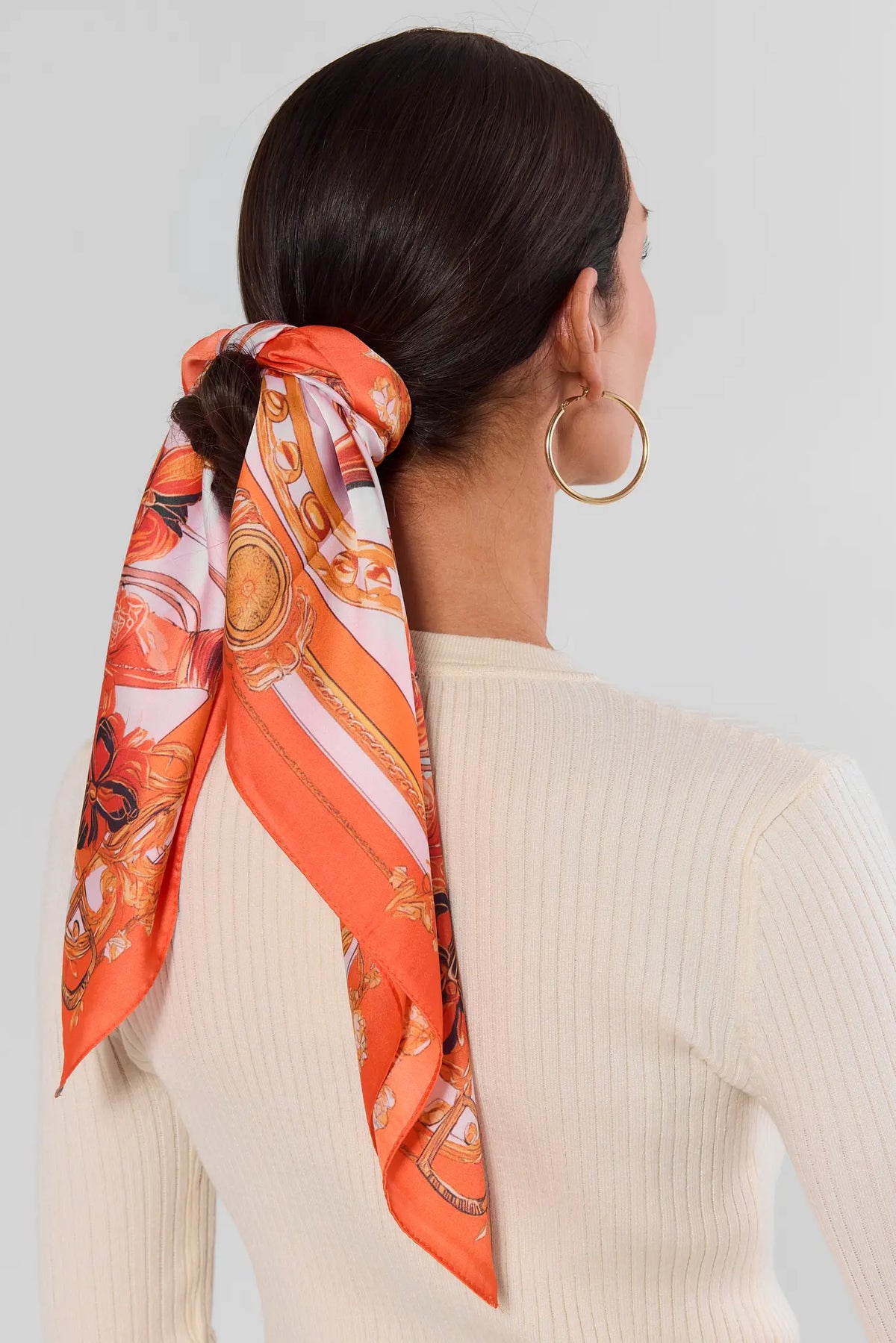 Orange Chain Link Print Scarf Styled as Hair Accessory - On Model Back View | Avara
