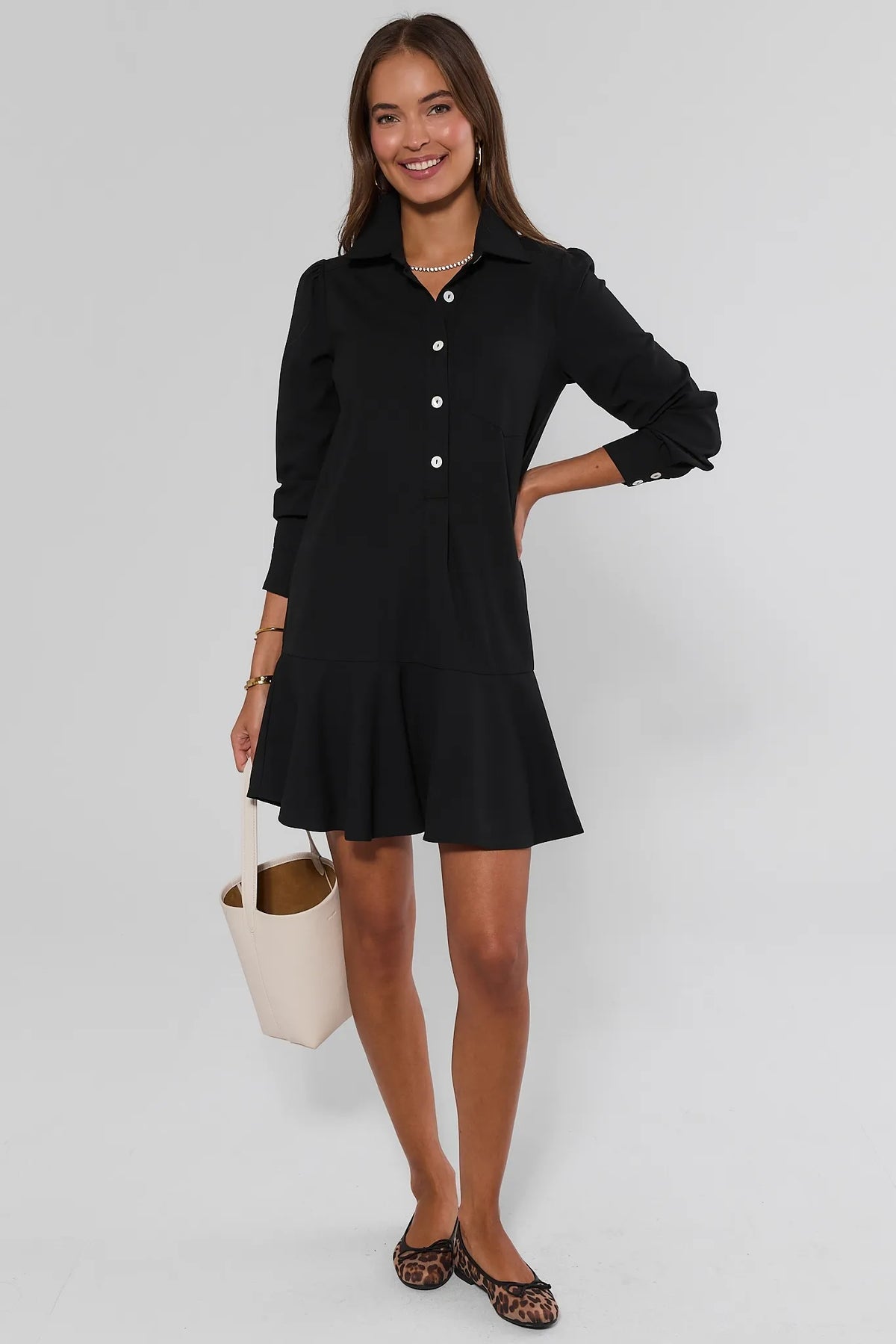 Black Drop Waist Short Dress Styled with Flats and Tote - Full Length | Avara
