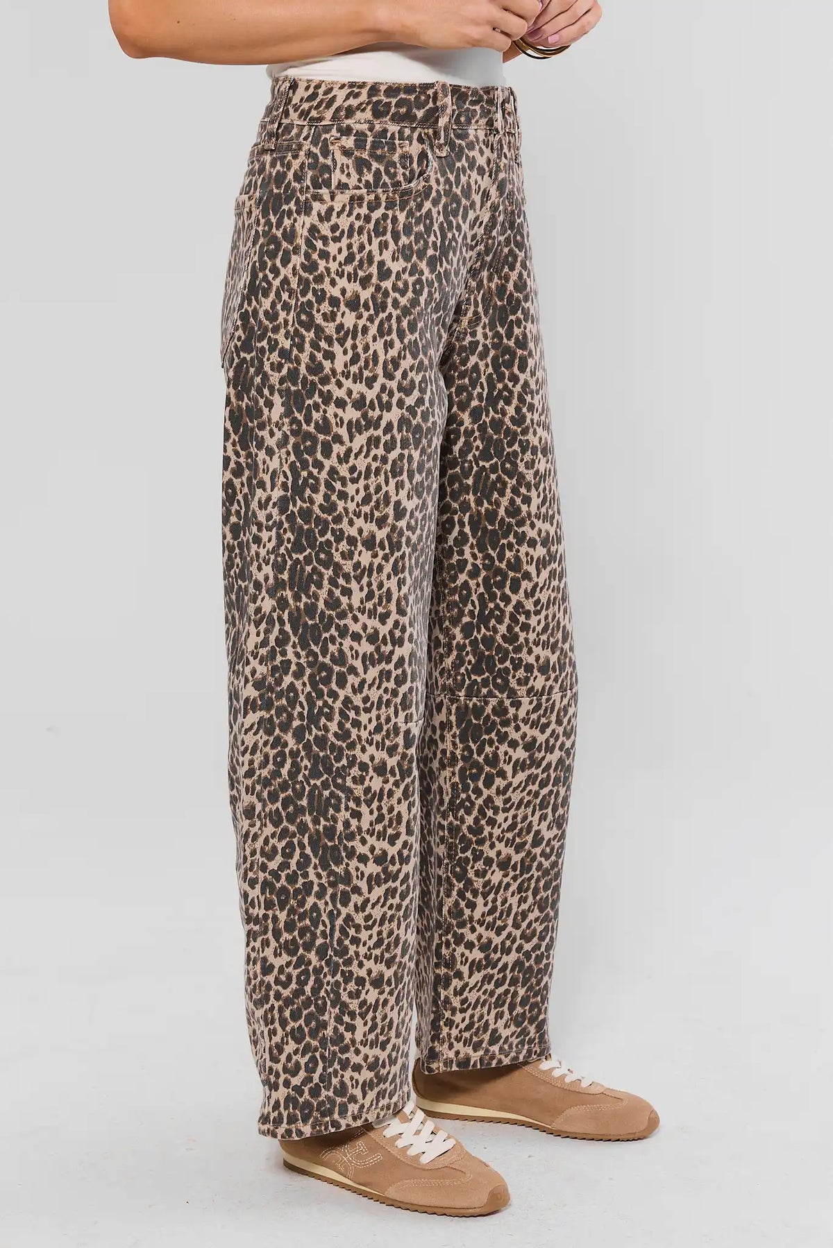 Harper Animal Print Barrel Jeans - Side Profile Showing Barrel Leg Silhouette On Model | Avara