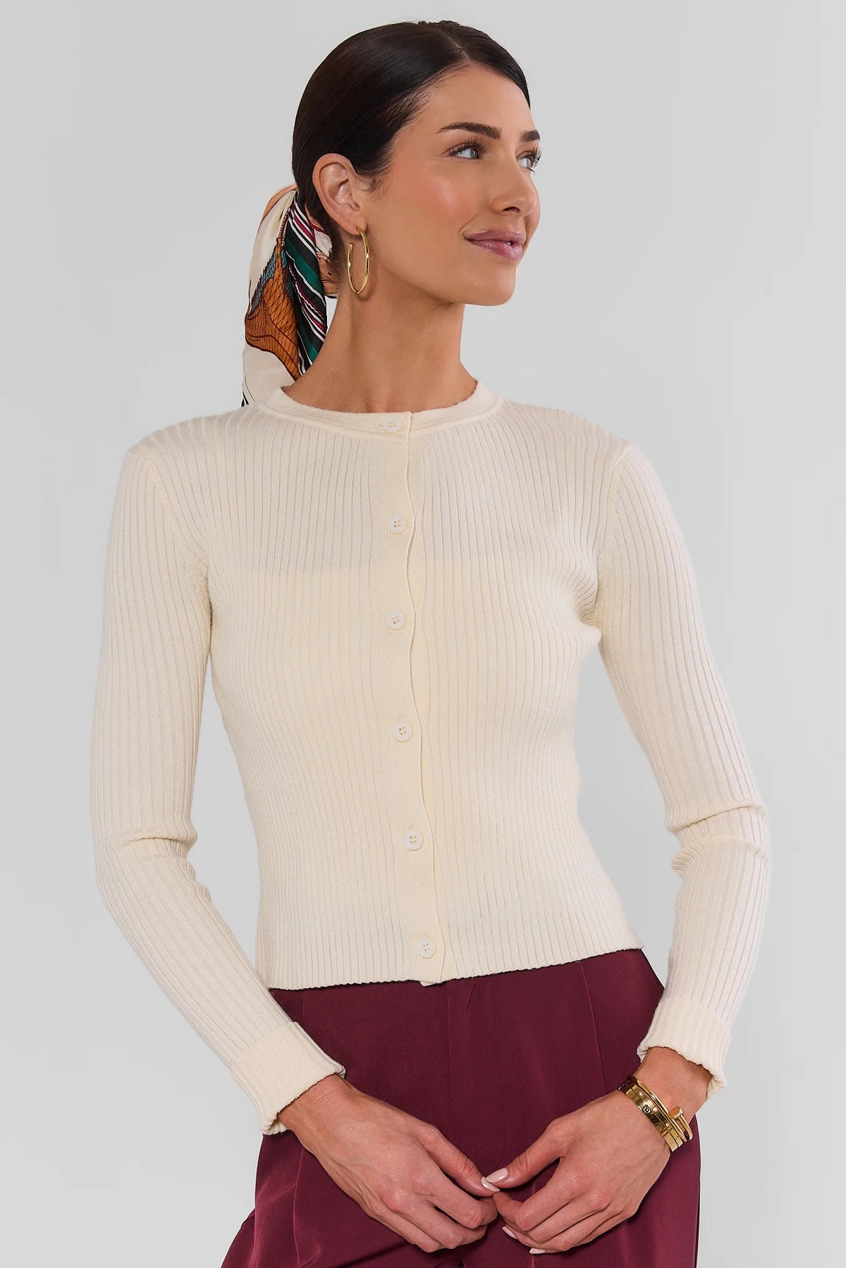 Cream Ribbed Cardigan - Front Detail View, Cropped Silhouette with Long Sleeves On Model | Avara