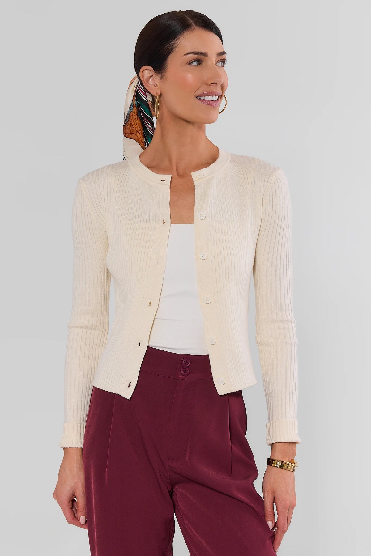 Cream Ribbed Cardigan - Front Three-Quarter View, Button-Front Styled with Burgundy Trousers | Avara