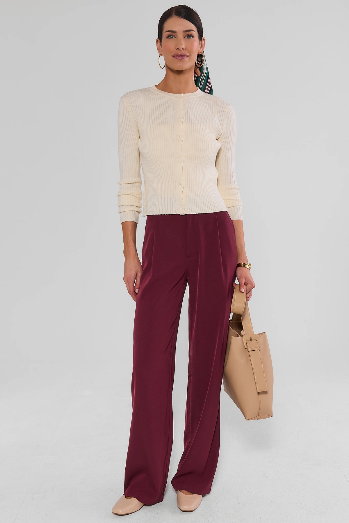 Cream Ribbed Cardigan - Full-Length Front View, Styled with Wide-Leg Burgundy Trousers | Avara